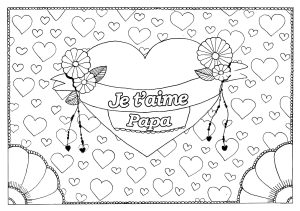 "Je t'aime Papa" : gros coeur et petits coeurs (Coloriage de Fête des pères)