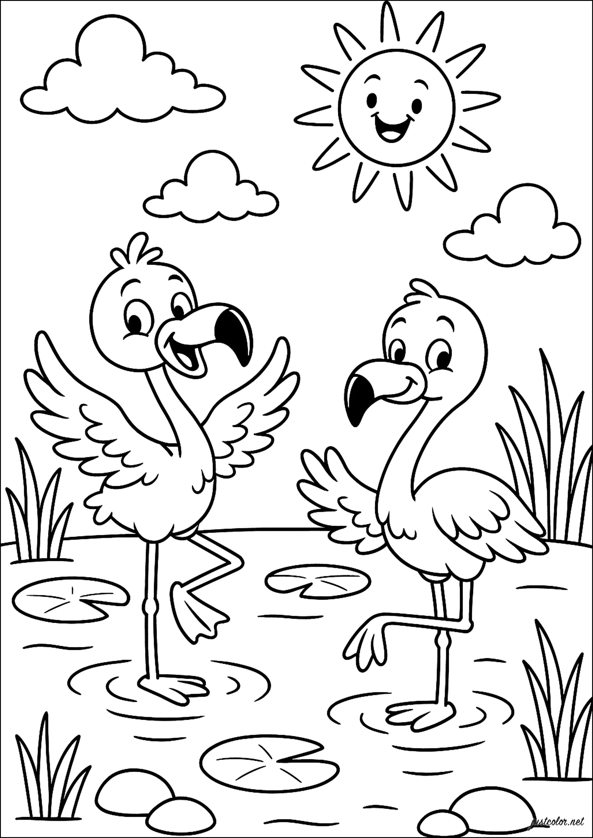 Flamants roses joyeux dansent au soleil (Coloriage à imprimer pour enfants)
