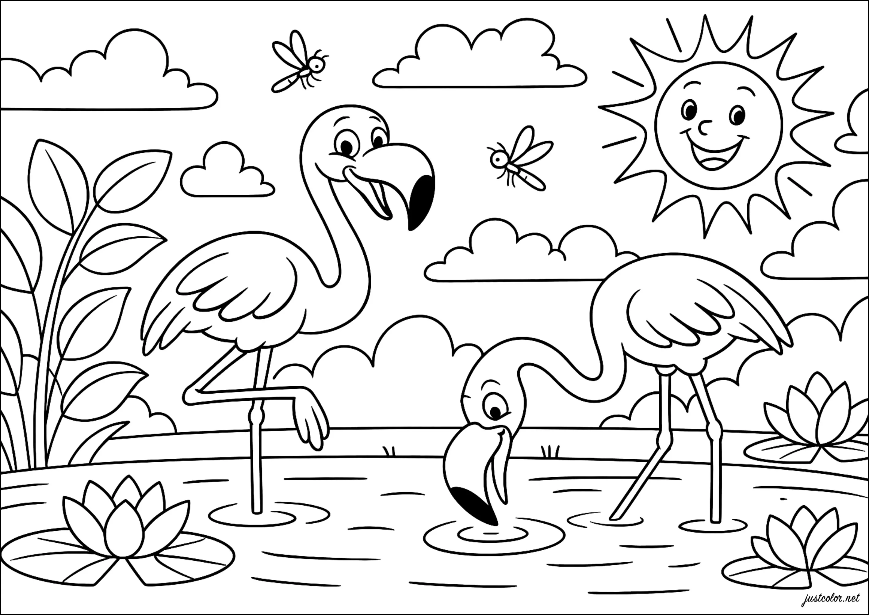 Deux flamants roses au bord de l'étang (Coloriage à imprimer pour enfants)