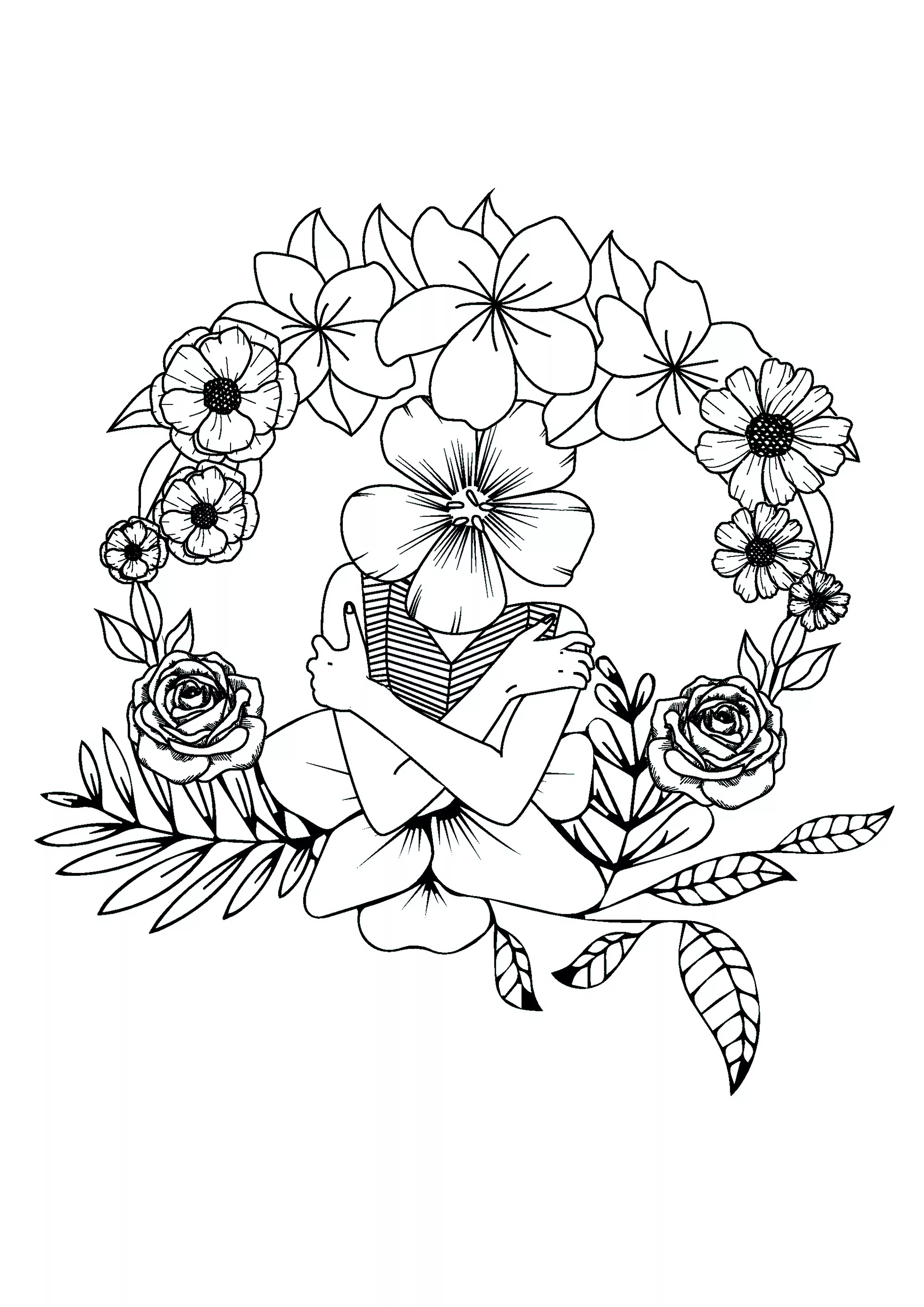 Femme à tête de fleur (Coloriage à imprimer pour enfants)