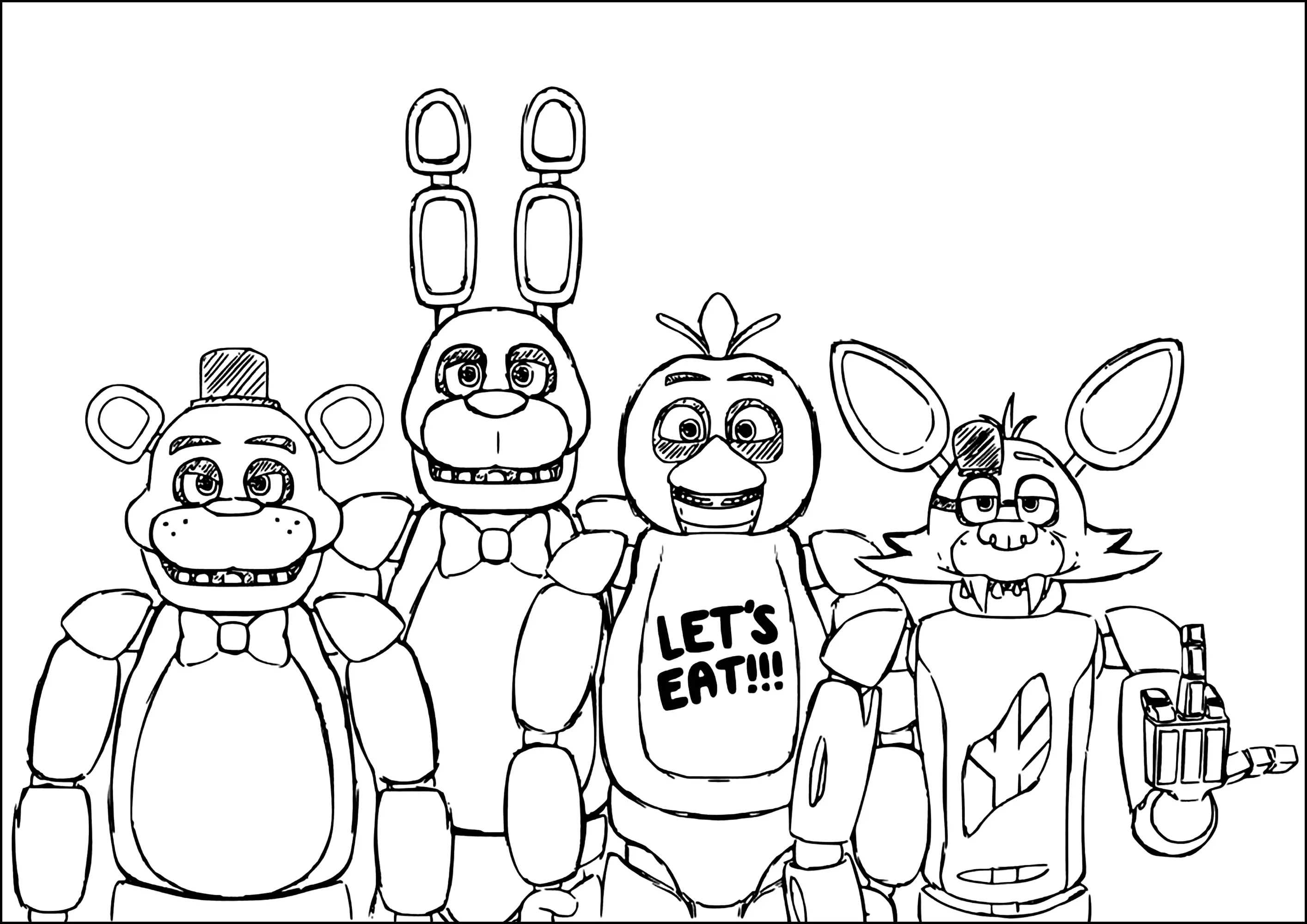 Freddy Fazbear with Chica, Funtime Foxy and Bonnie (Coloriage de FNAF à imprimer pour enfants)