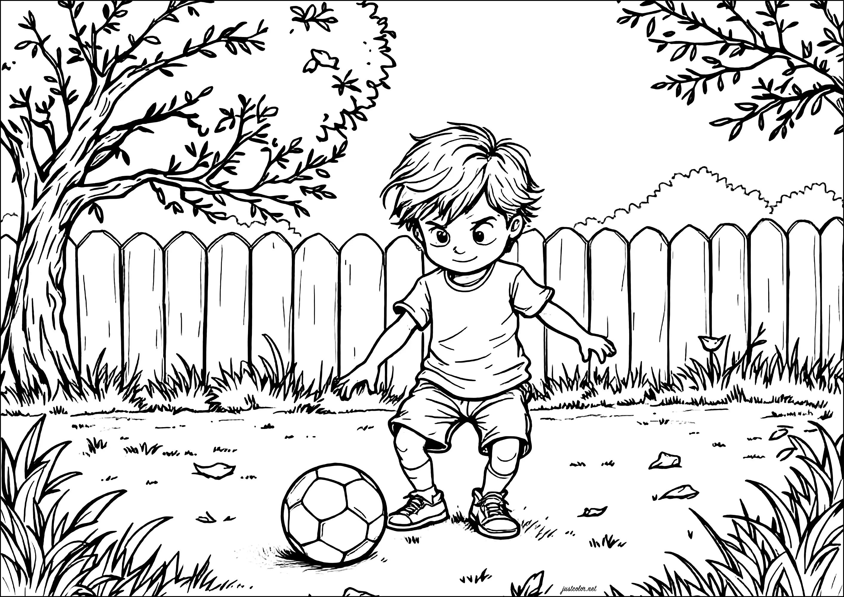 Jeune garçon jouant au foot dans son jardin (Coloriage de Football à imprimer pour enfants)
