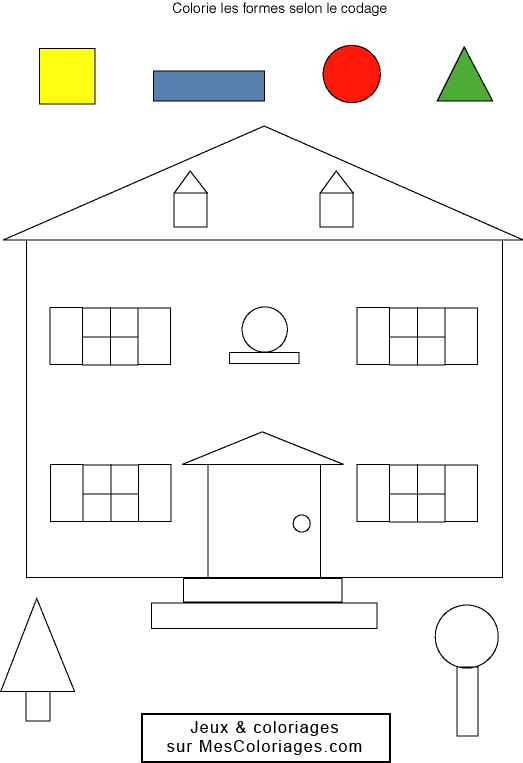 Une maison qui est composée de formes ! Il faut colorier toutes les formes identiques avec la même couleur