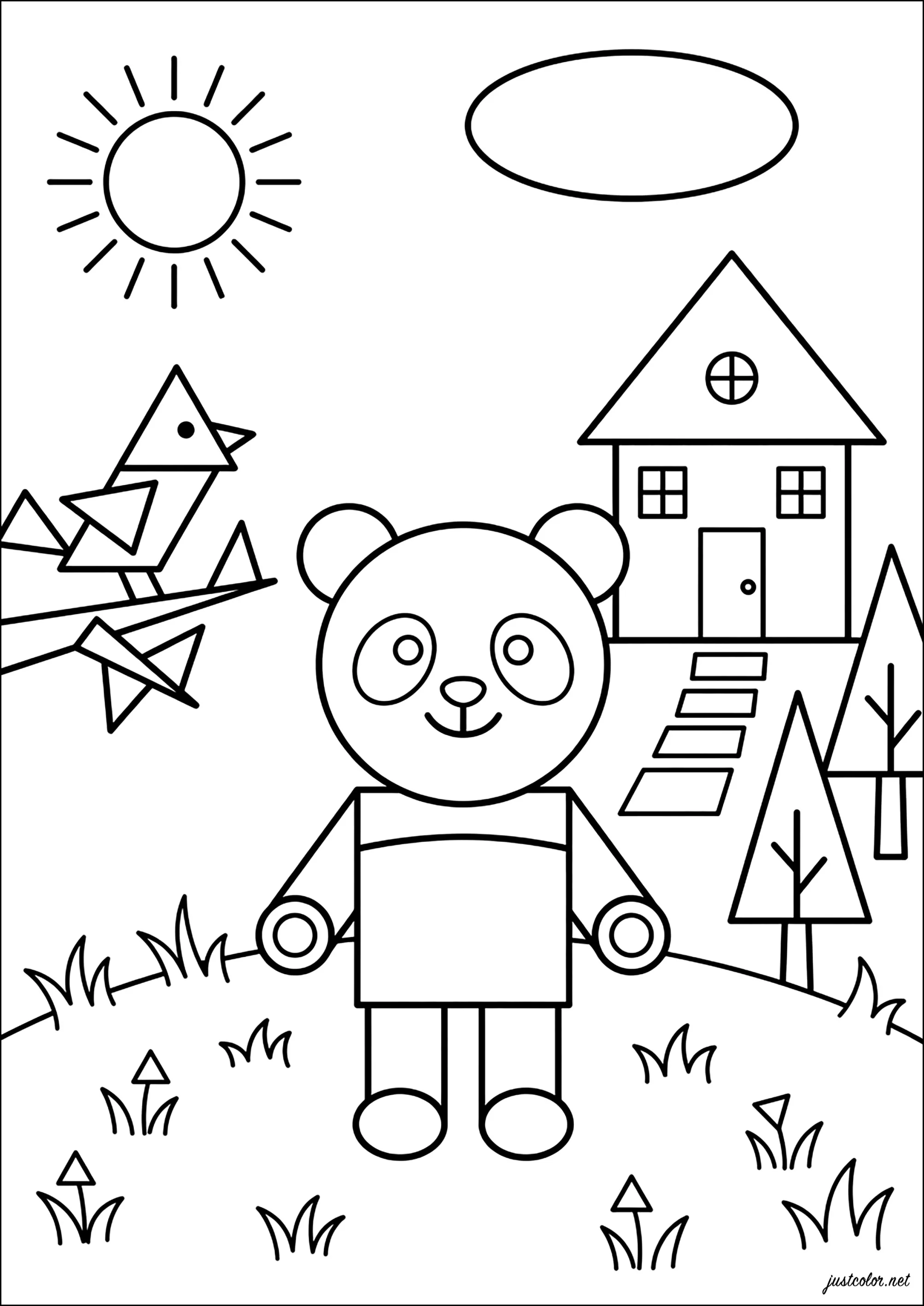 Panda géométrique et ses amis (Coloriage de Formes à imprimer pour enfants)