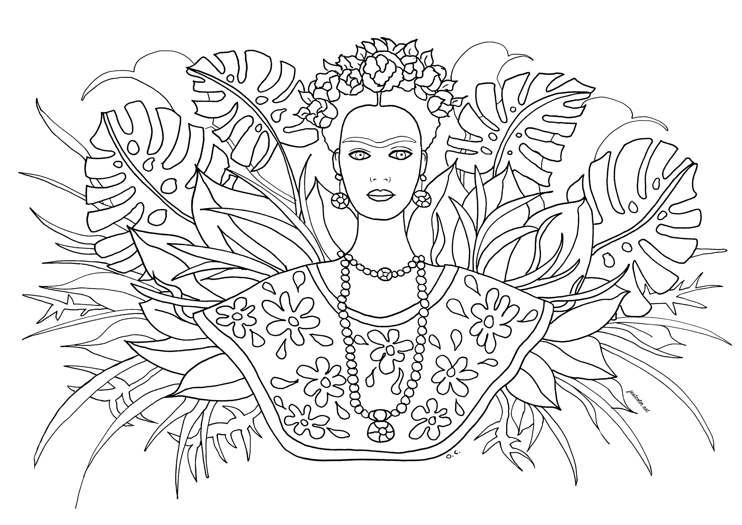 Frida Kahlo entourée de nombreuses feuilles. Ce coloriage pour enfant est inspiré de la vie et de l'œuvre de Frida Kahlo, une artiste mexicaine célèbre.