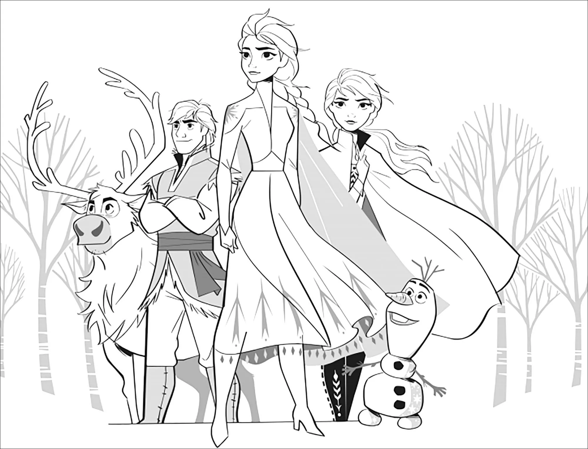 La reine des neiges 2 : Elsa, Anna, Olaf, Sven, Kristoff (sans texte) (Coloriage à imprimer pour enfants)