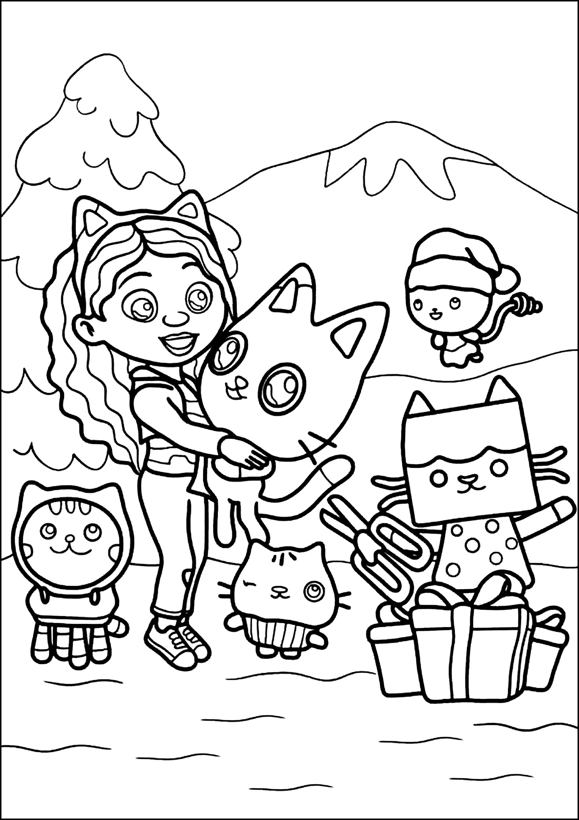Personnages de Gabby et la maison magique dans un paysage enneigé (Coloriage à imprimer pour enfants)