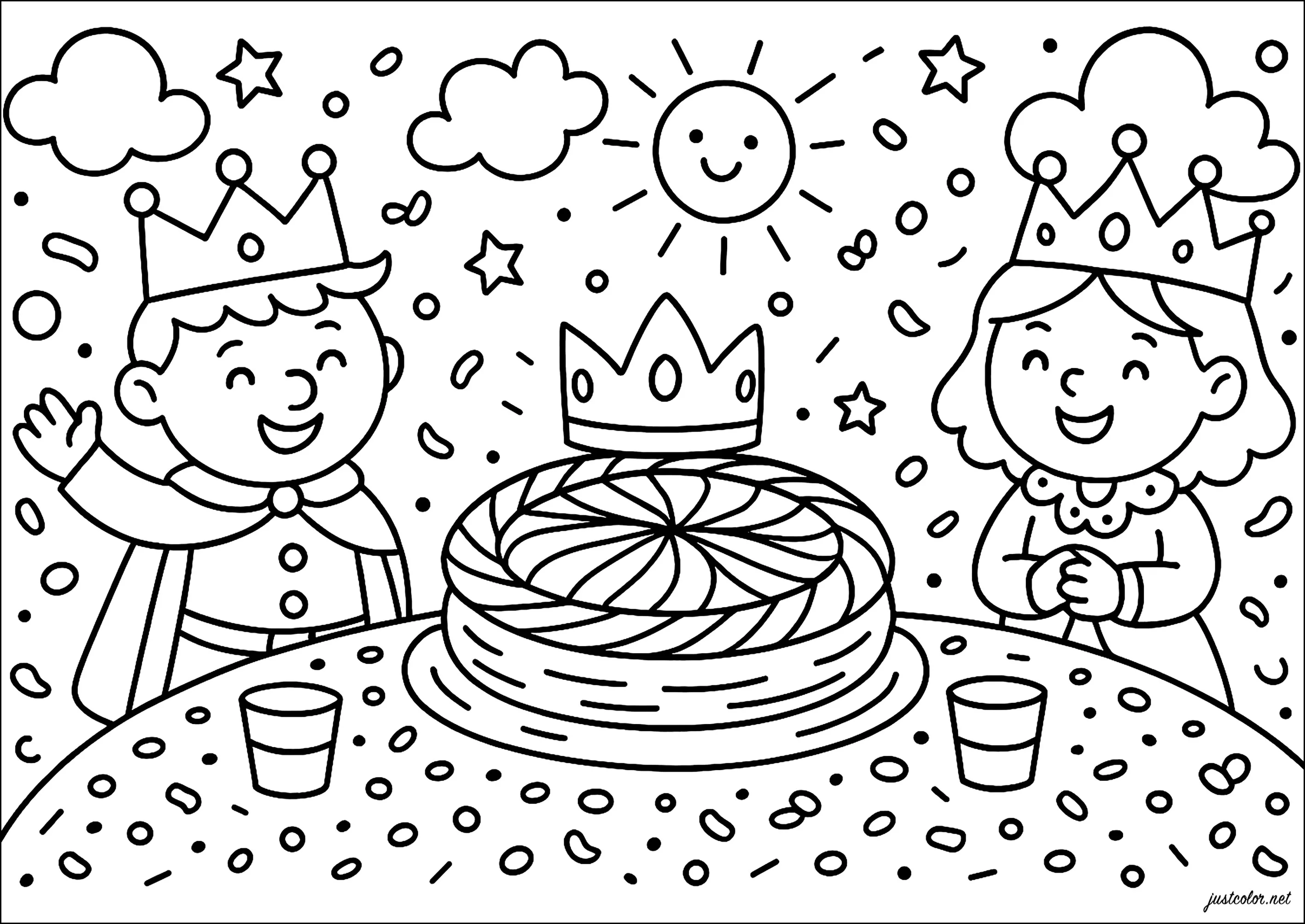 Fête royale avec une énorme galette (Coloriage de Galette des rois (Épiphanie) à imprimer pour enfants)