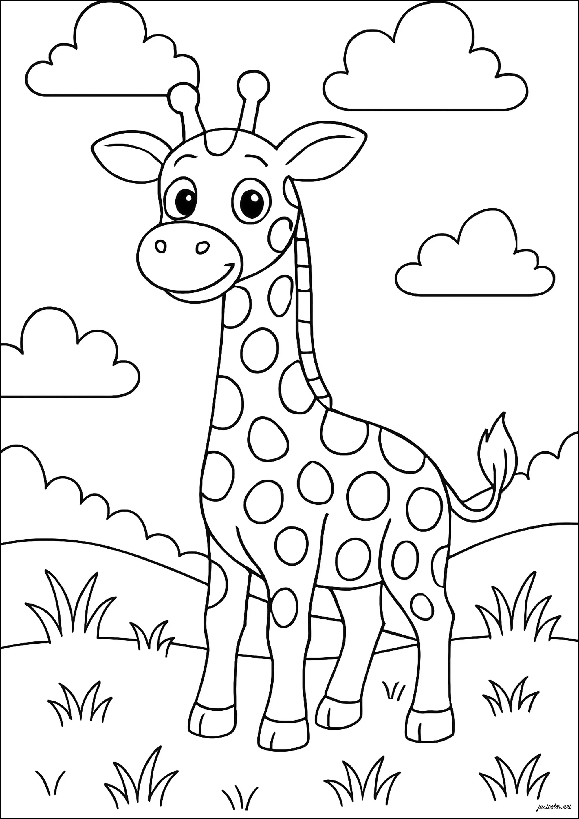 Une jeune girafe, dans un joli paysage (Coloriage à imprimer pour enfants)