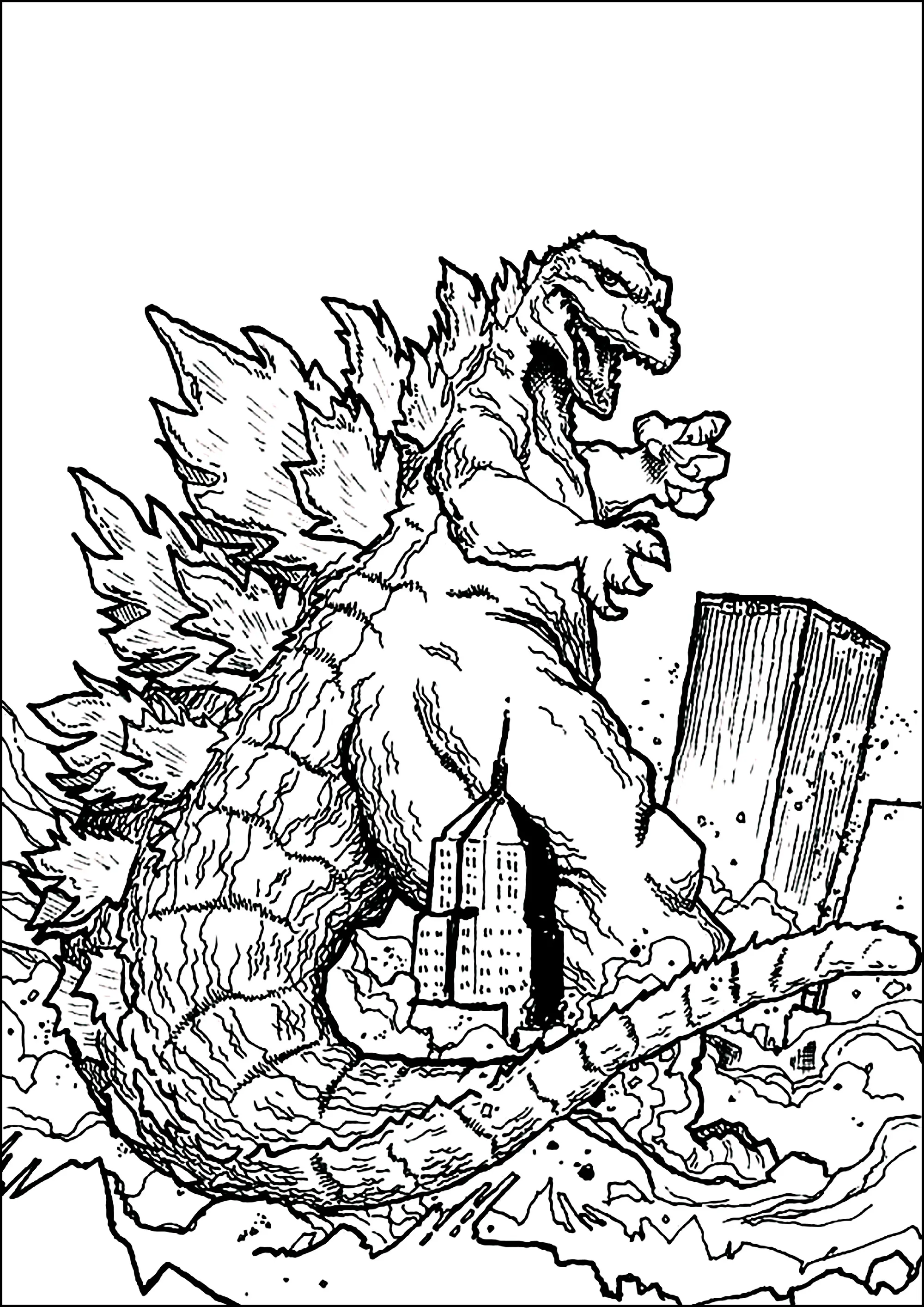 Godzilla détruit une ville ! (Coloriage à imprimer pour enfants)