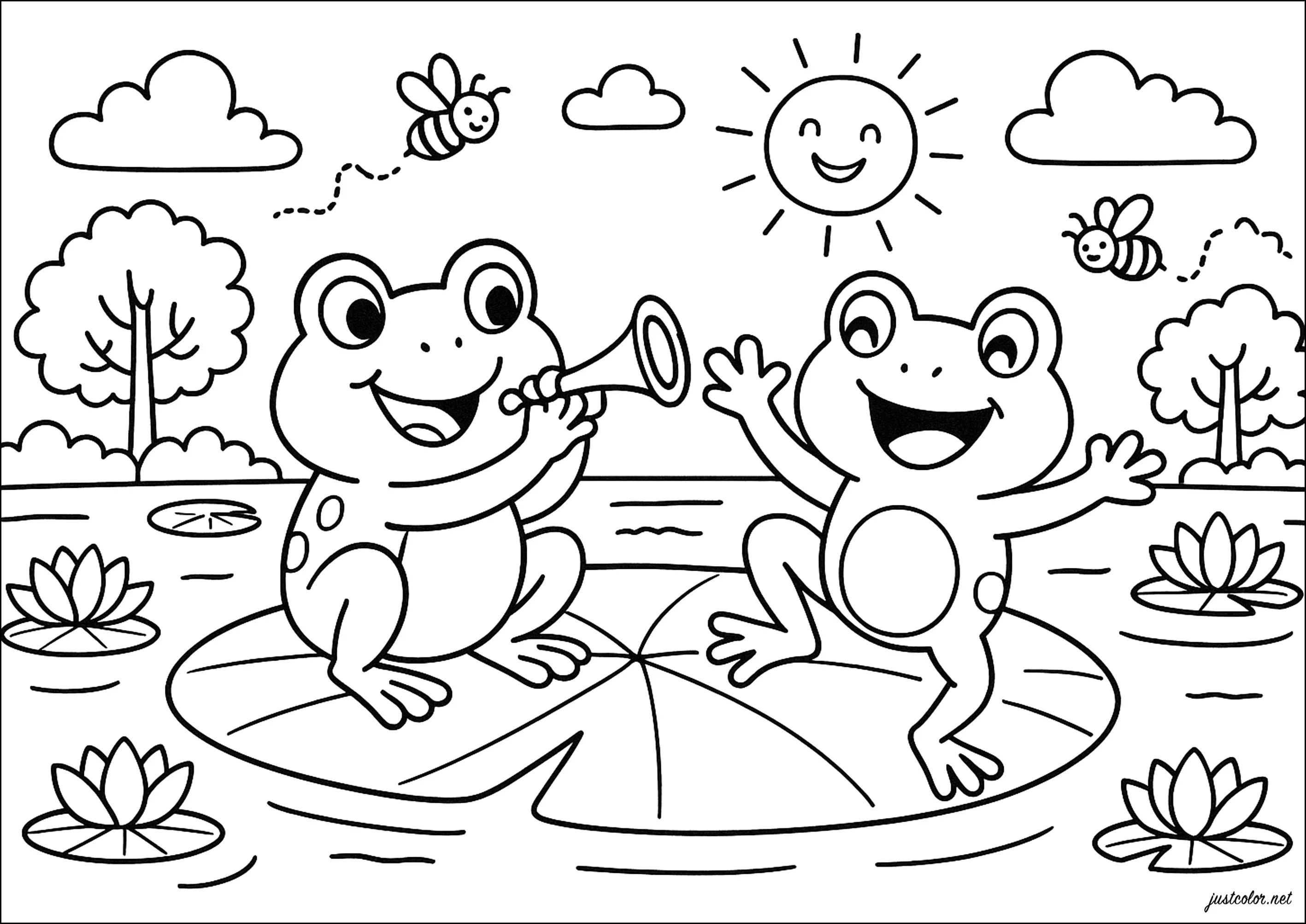 Joie des grenouilles dans l'étang (Coloriage à imprimer pour enfants)