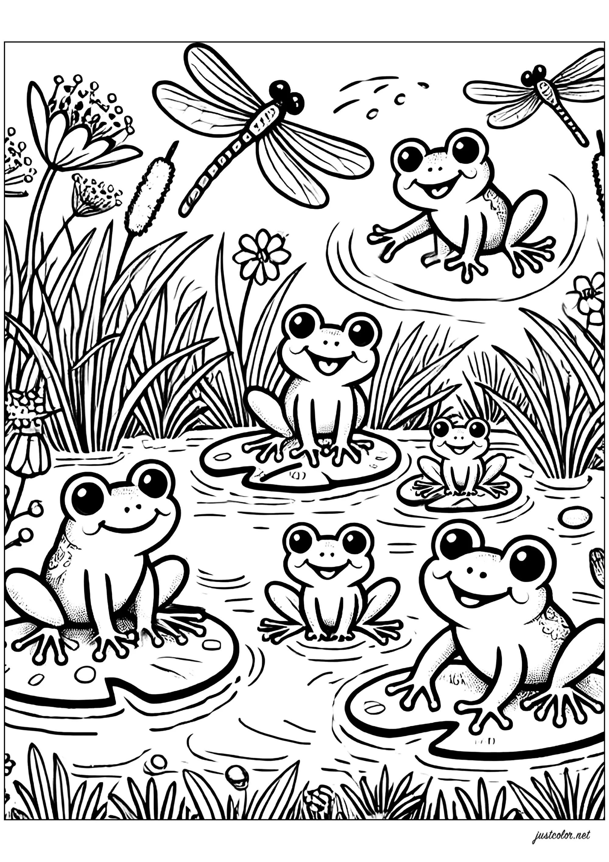 Amies grenouilles et libellules (Coloriage à imprimer pour enfants)
