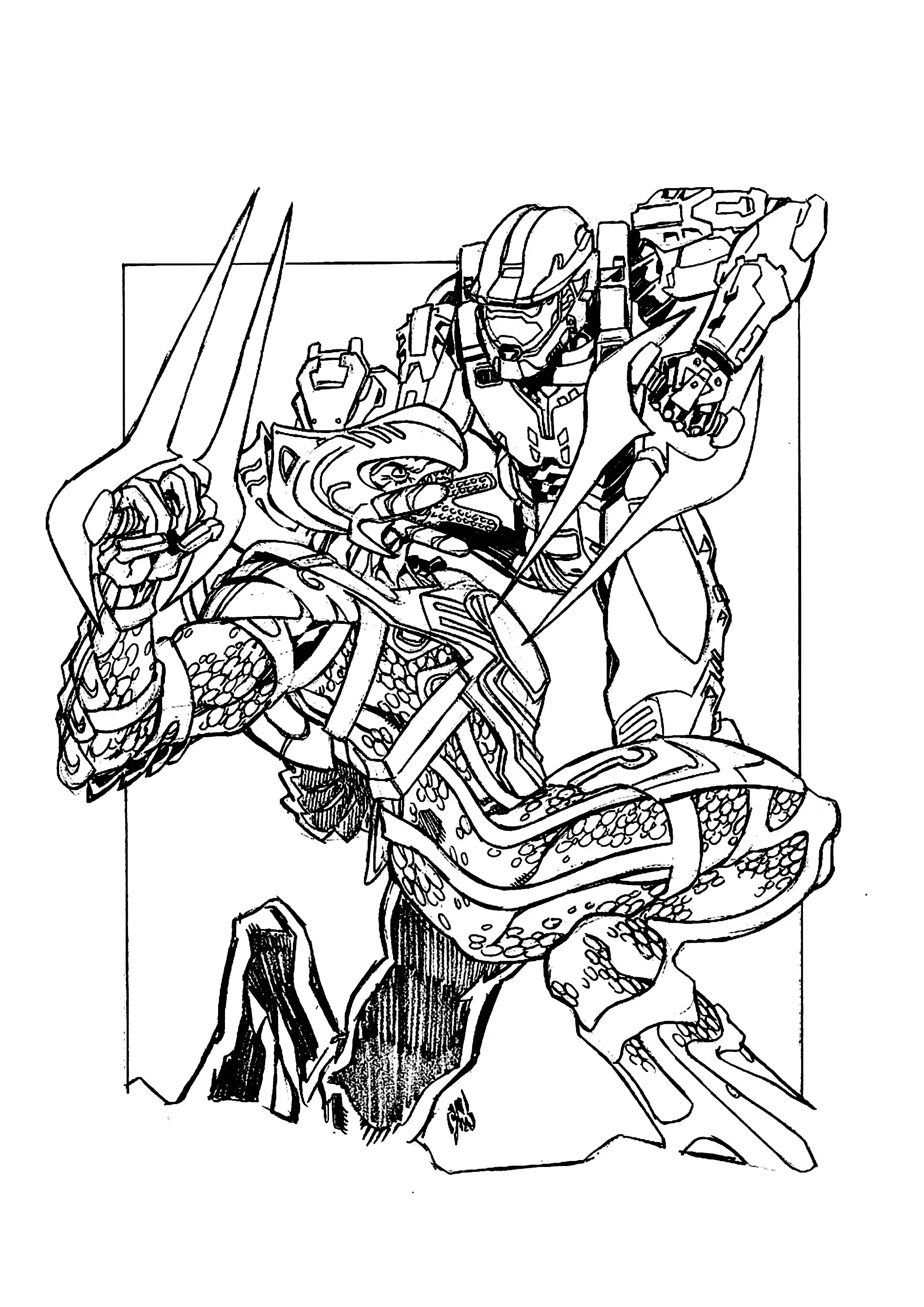 Combat entre un soldat et un alien (Coloriage d'Halo à imprimer pour enfants)