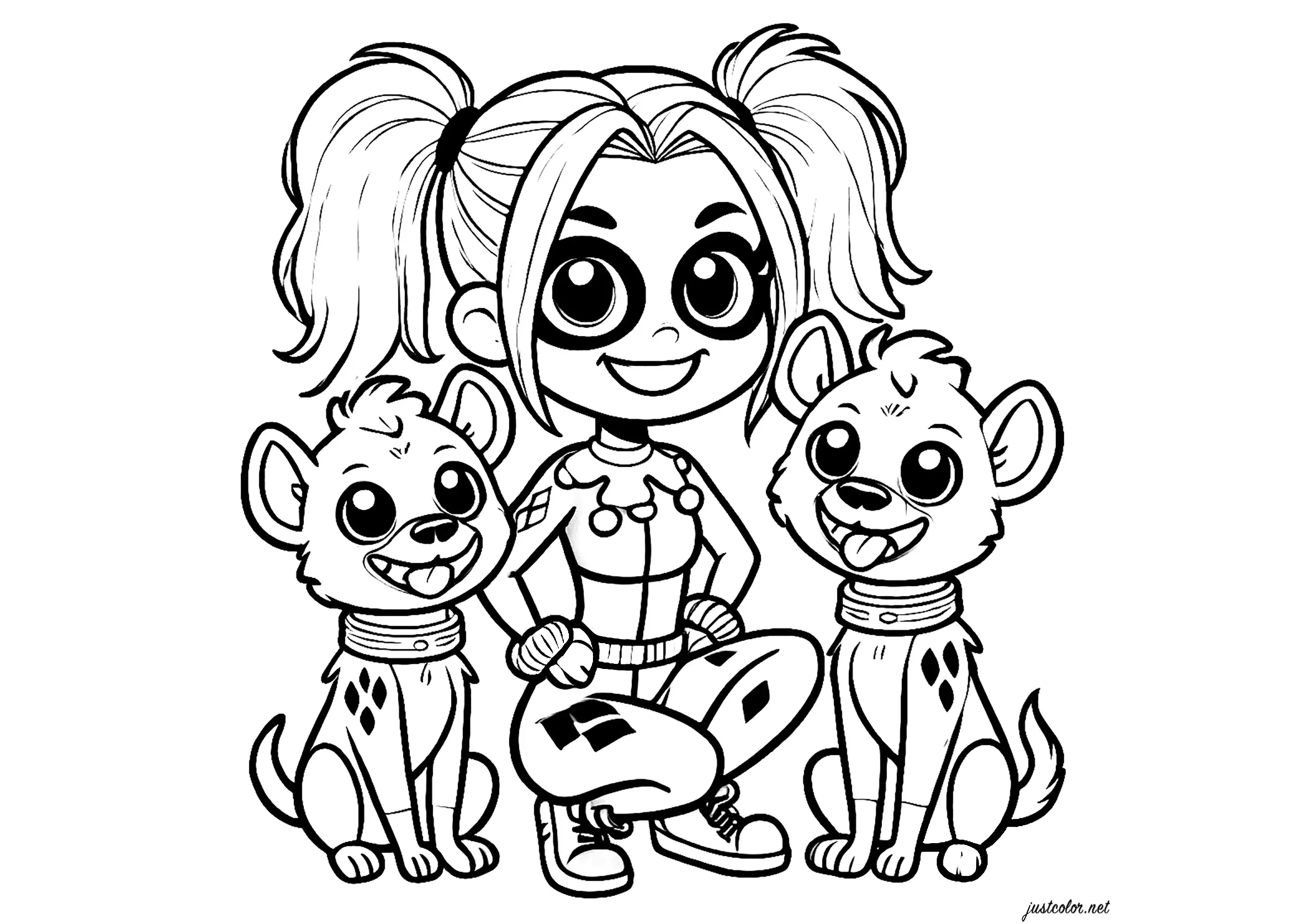 Harley Quinn avec des chiens (Coloriage à imprimer pour enfants)