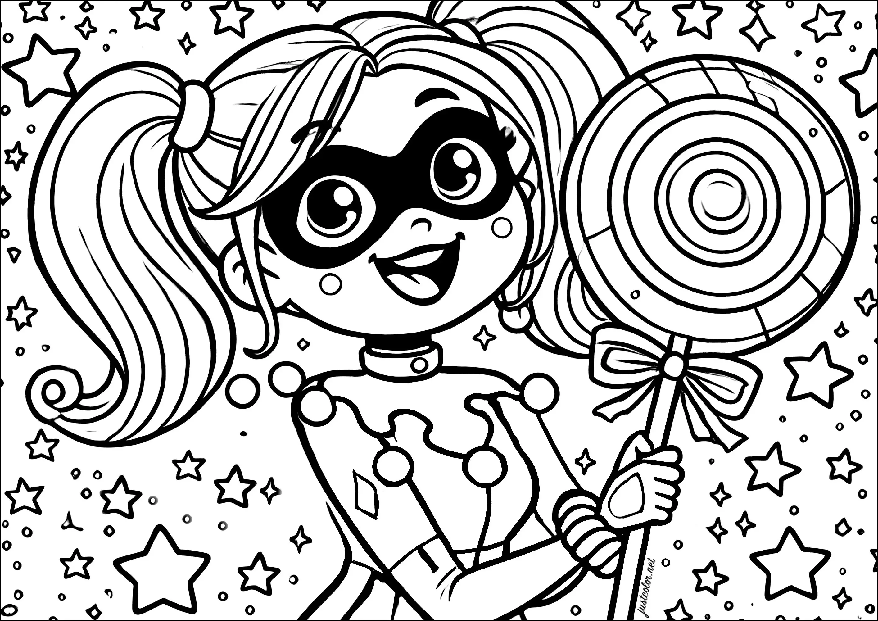Harley Quinn avec une énorme sucette (Coloriage à imprimer pour enfants)