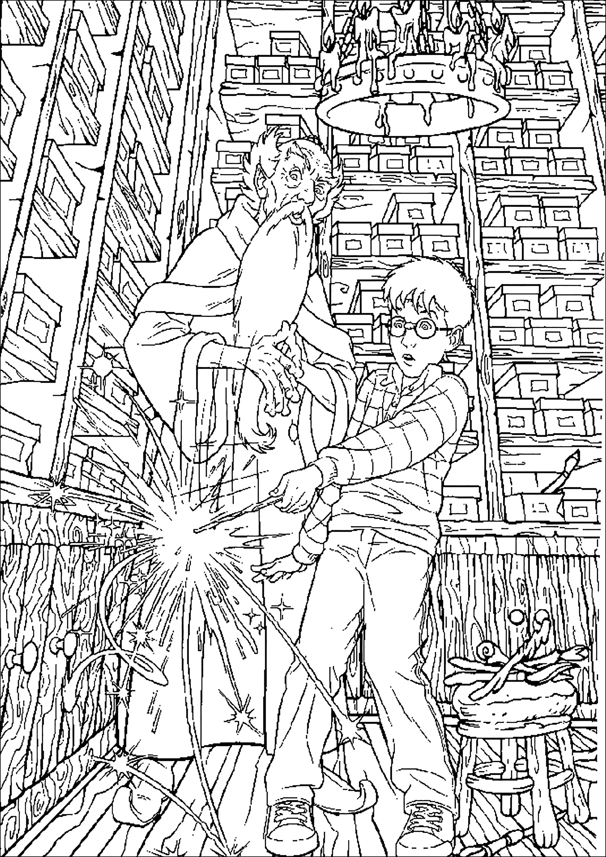 Harry Potter chez Ollivander, le fabriquant de baguettes magiques du Chemin de Traverse (Coloriage à imprimer pour enfants)