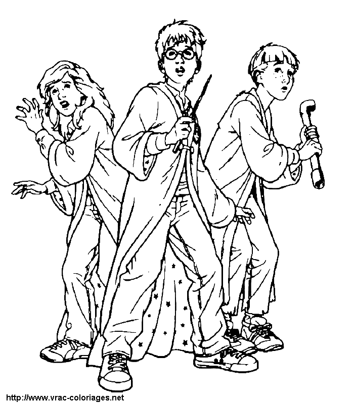 Coloriage gratuit d'Harry Potter avec Ron et Hermione