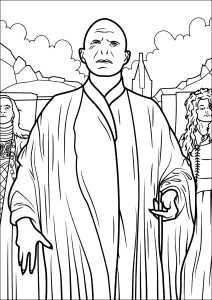 Voldemort entouré de Bellatrix Lestrange et de Lucius Malfoy (Coloriage d'Harry Potter)