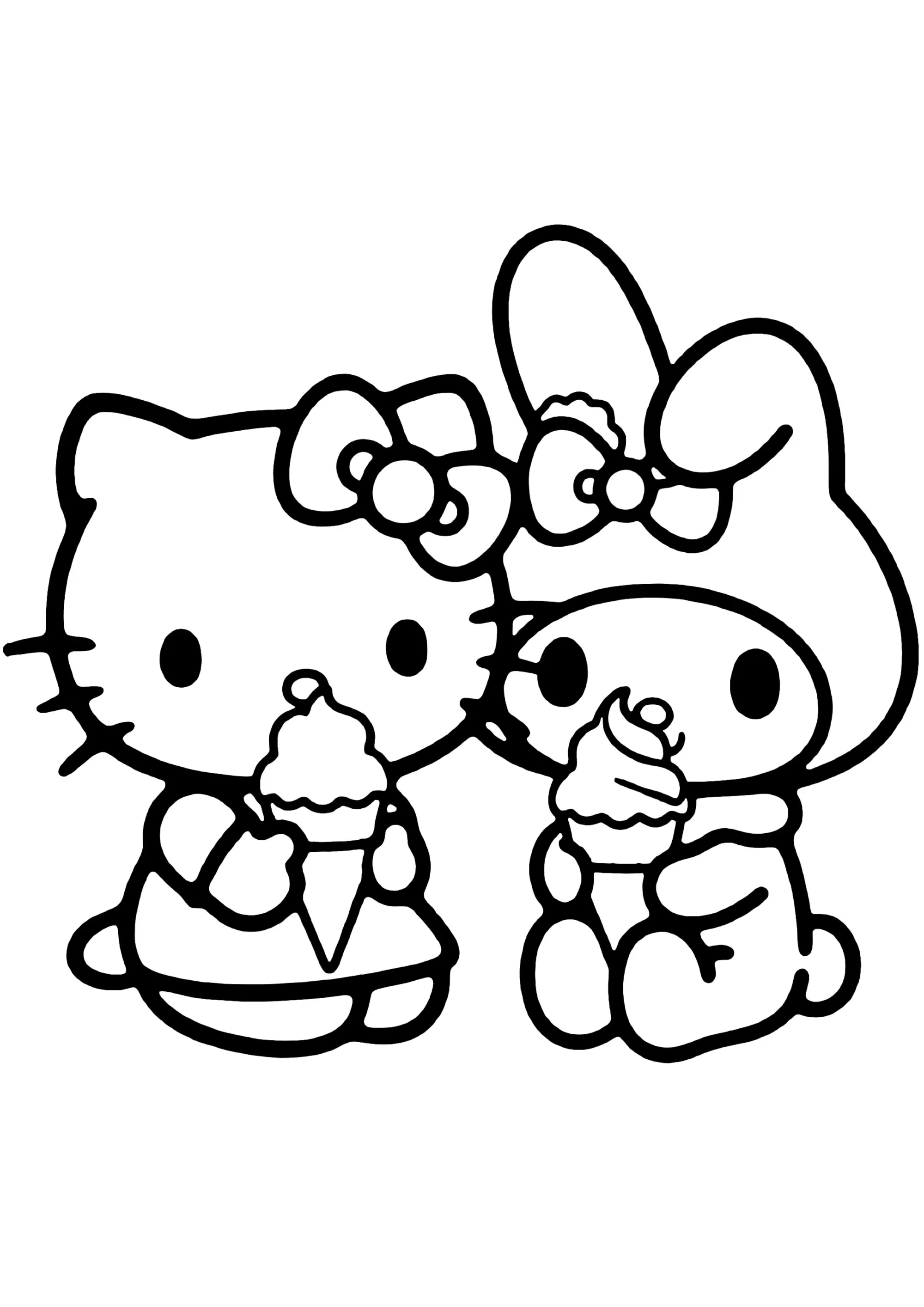 Hello Kitty et My Melody dégustant des glaces (Coloriage à imprimer pour enfants)