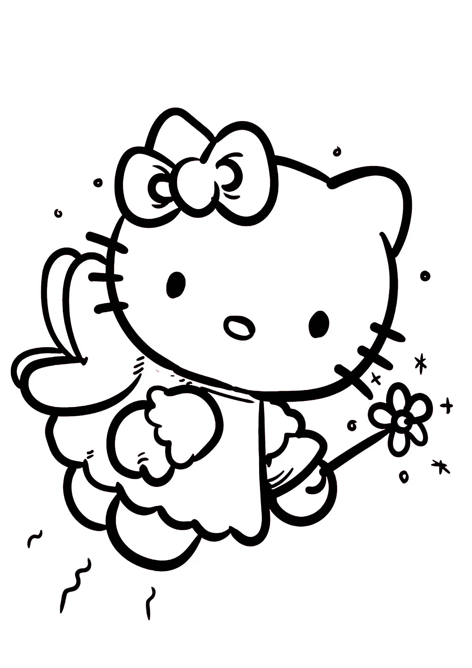 Hello Kitty en jolie fée volant dans le ciel (Coloriage à imprimer pour enfants)