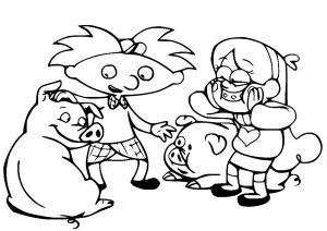 Coloriage d'Hey Arnold à imprimer pour enfants : Arnold et des cochons