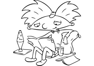 Coloriage d'Hey Arnold à imprimer pour enfants : Arnold en train de lire