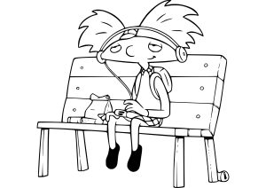 Coloriage d'Hey Arnold à imprimer pour enfants : Arnold sur un banc