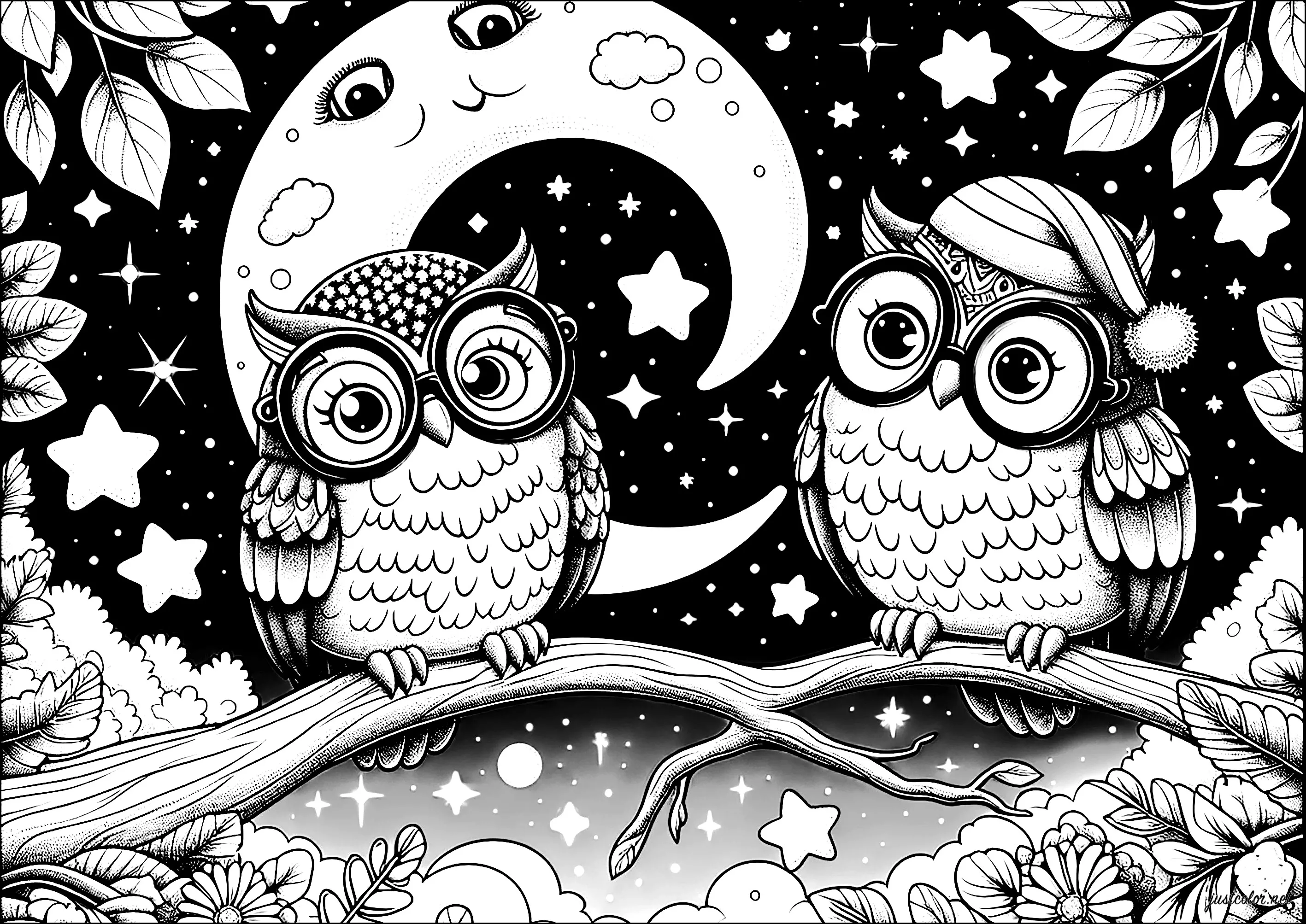 Chouettes jolis sous la lune brillante (Coloriage d'Hiboux à imprimer pour enfants)