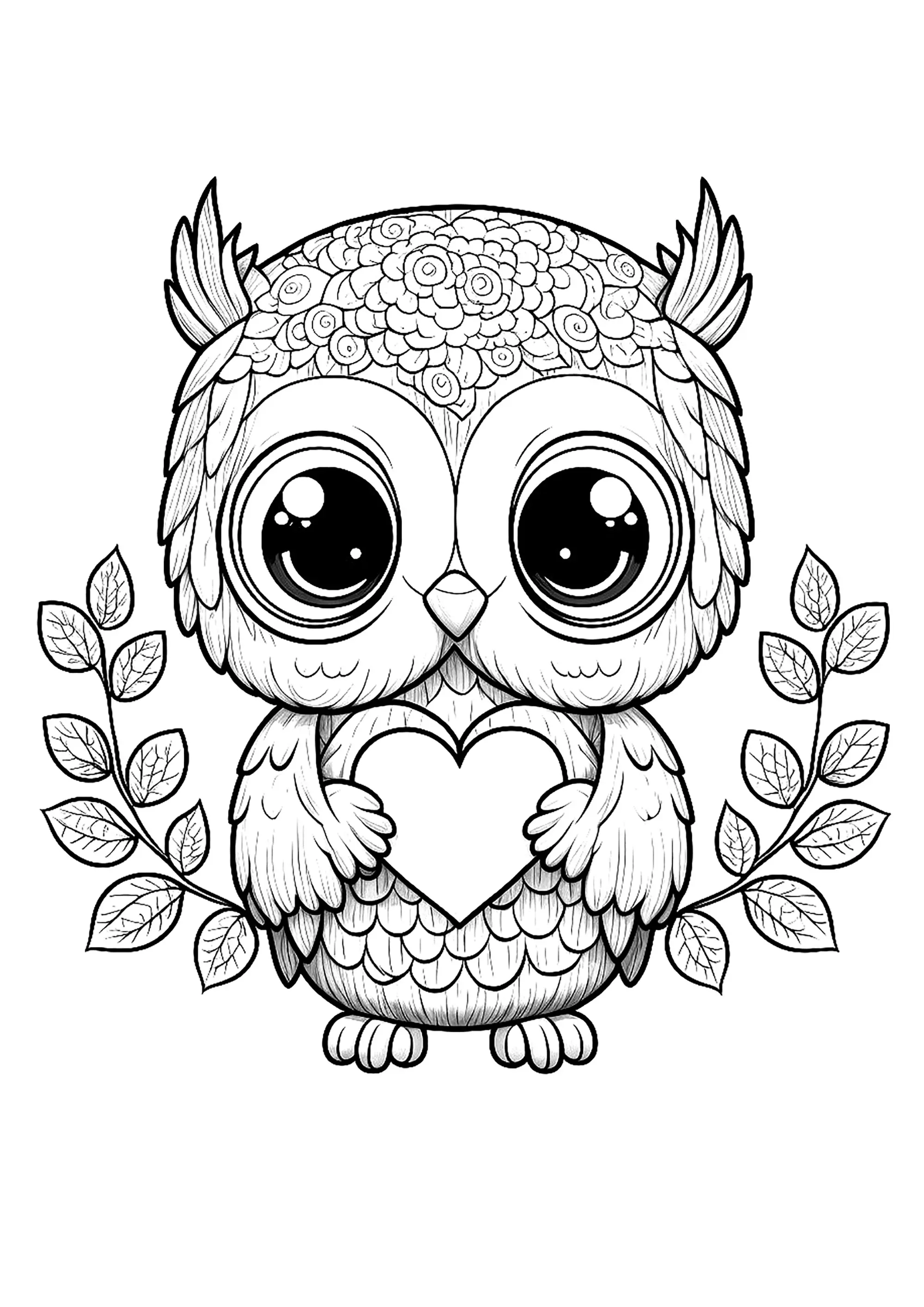 Joli hibou portant un coeur (Coloriage d'Hiboux à imprimer pour enfants)