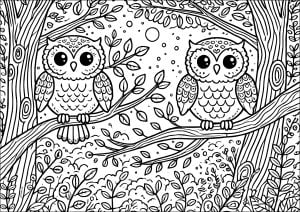 Duo de hiboux dans la forêt nocturne (Coloriage)