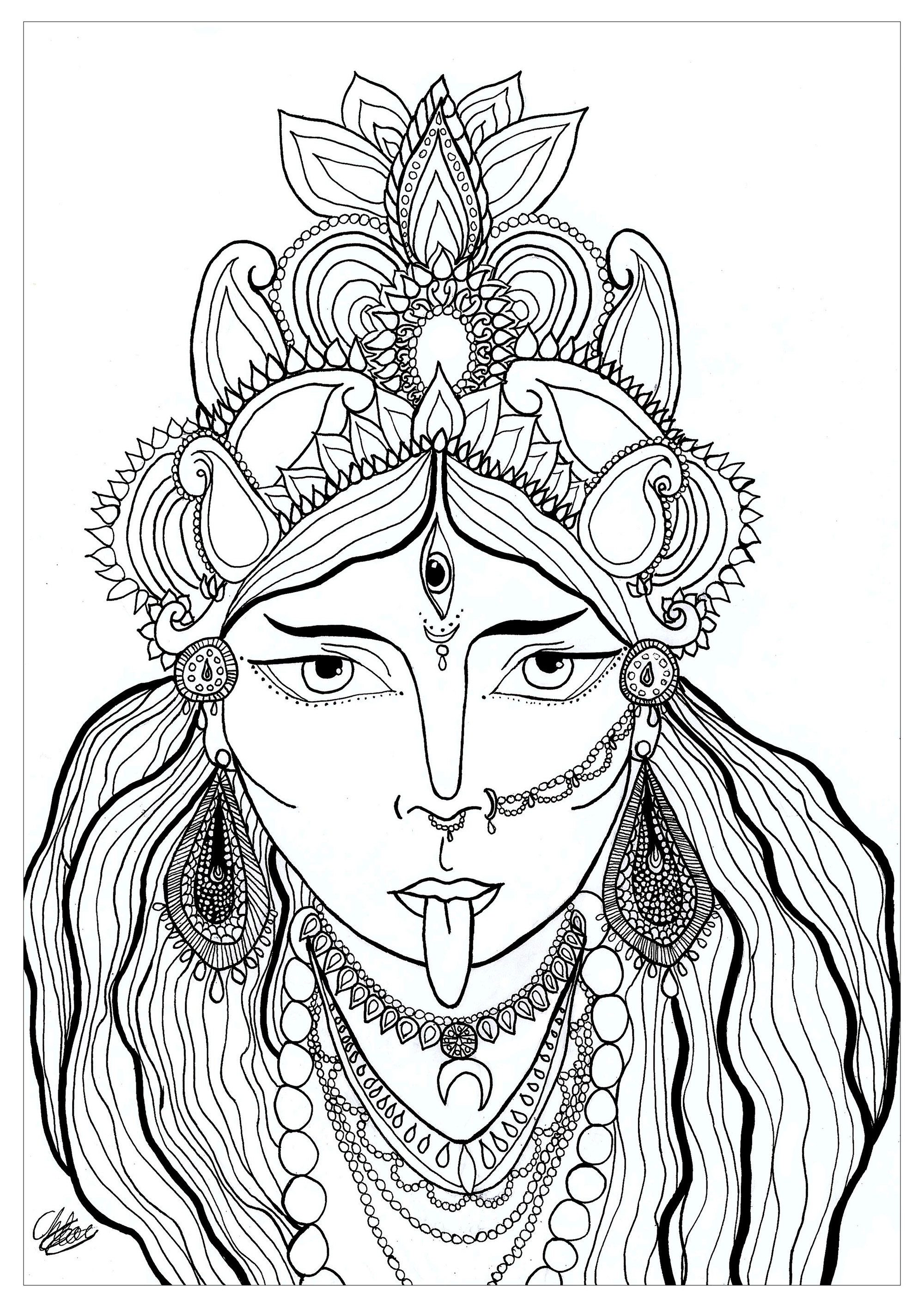 Coloring page of the goddess Kali. Kali est une déesse hindoue vénérée en tant que manifestation de la Shakti, la puissance féminine créatrice. Représentée avec une apparence terrifiante, elle symbolise le temps, la destruction du mal et la transformation, jouant un rôle majeur dans la tradition hindoue.