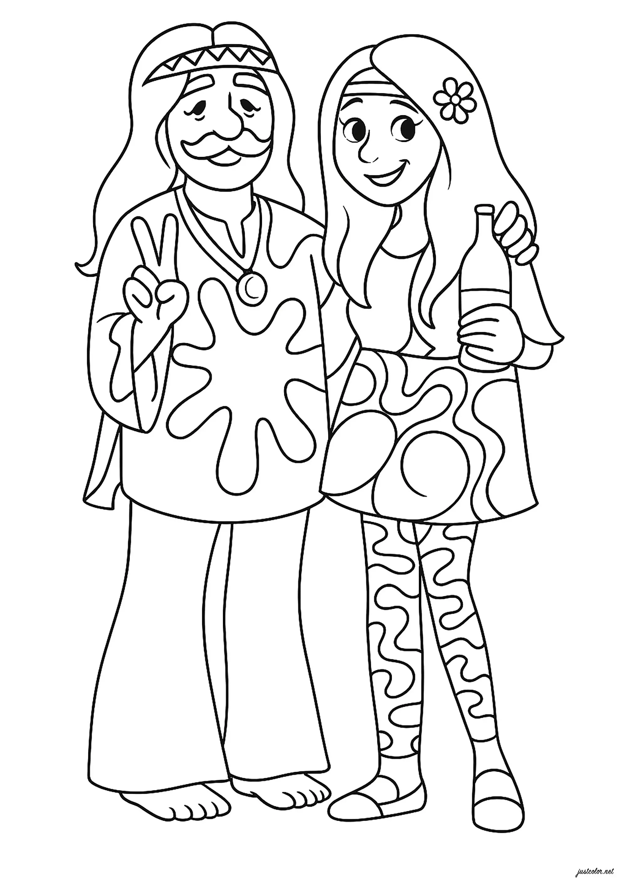 Deux hippies (Coloriage à imprimer pour enfants)