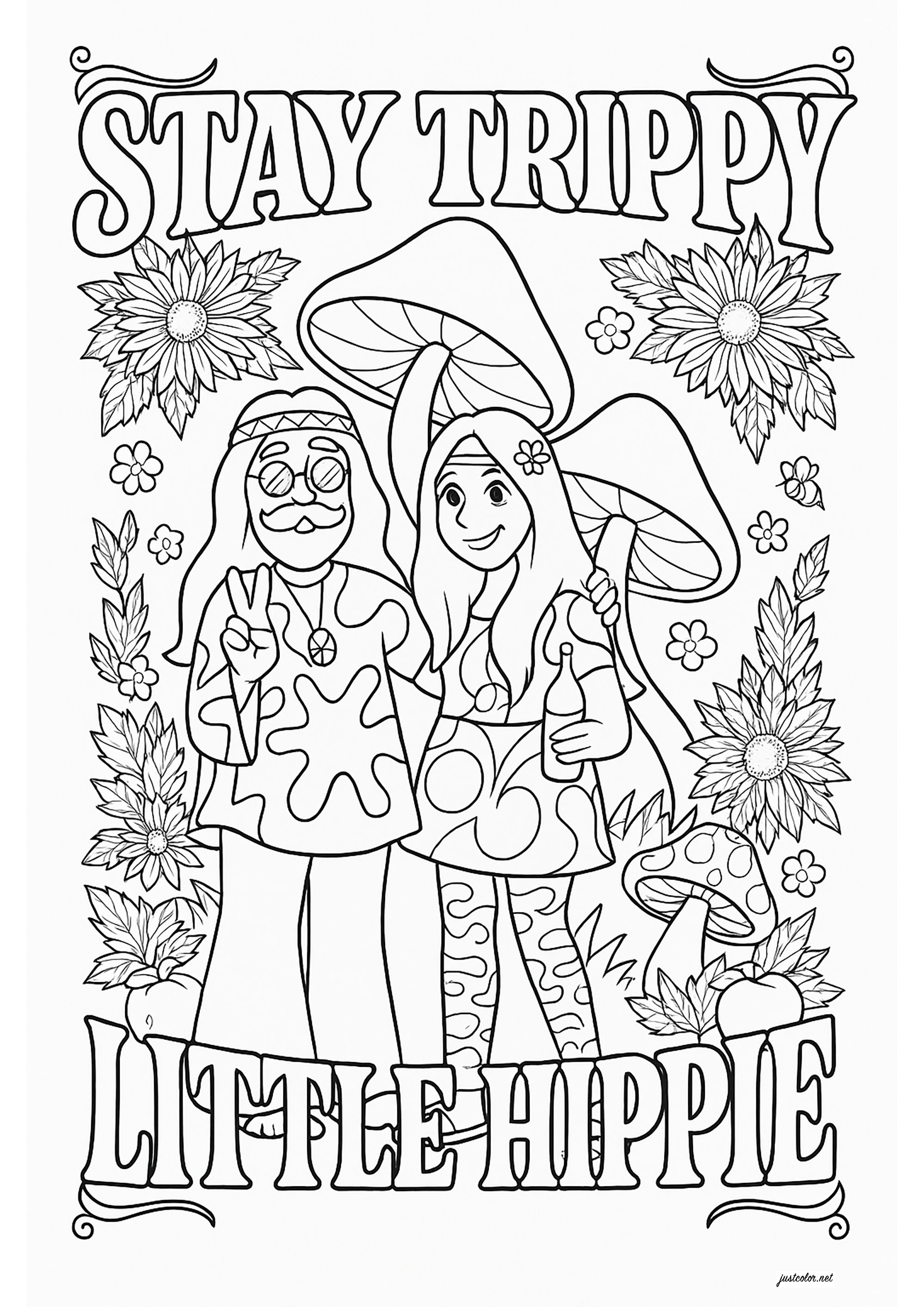 Deux hippies et des champignons (Coloriage à imprimer pour enfants)