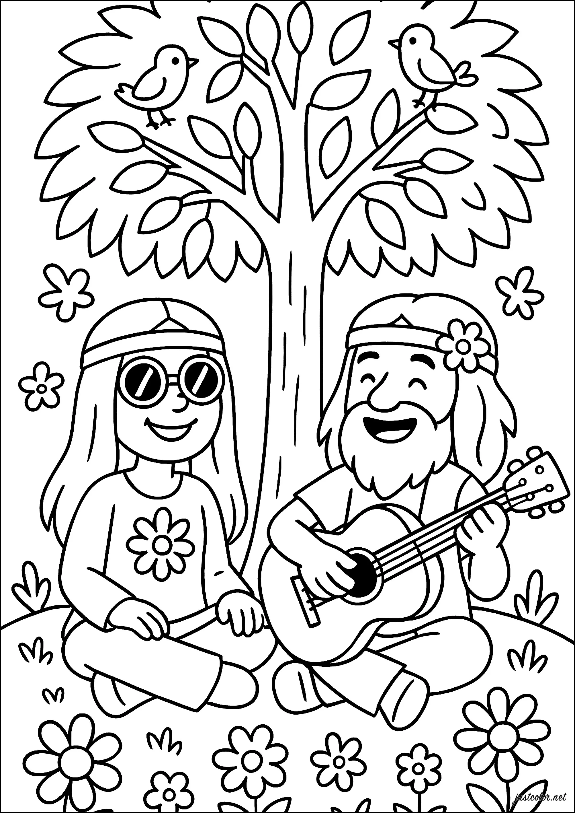 Pause musicale (Coloriage d'Hippie à imprimer pour enfants)