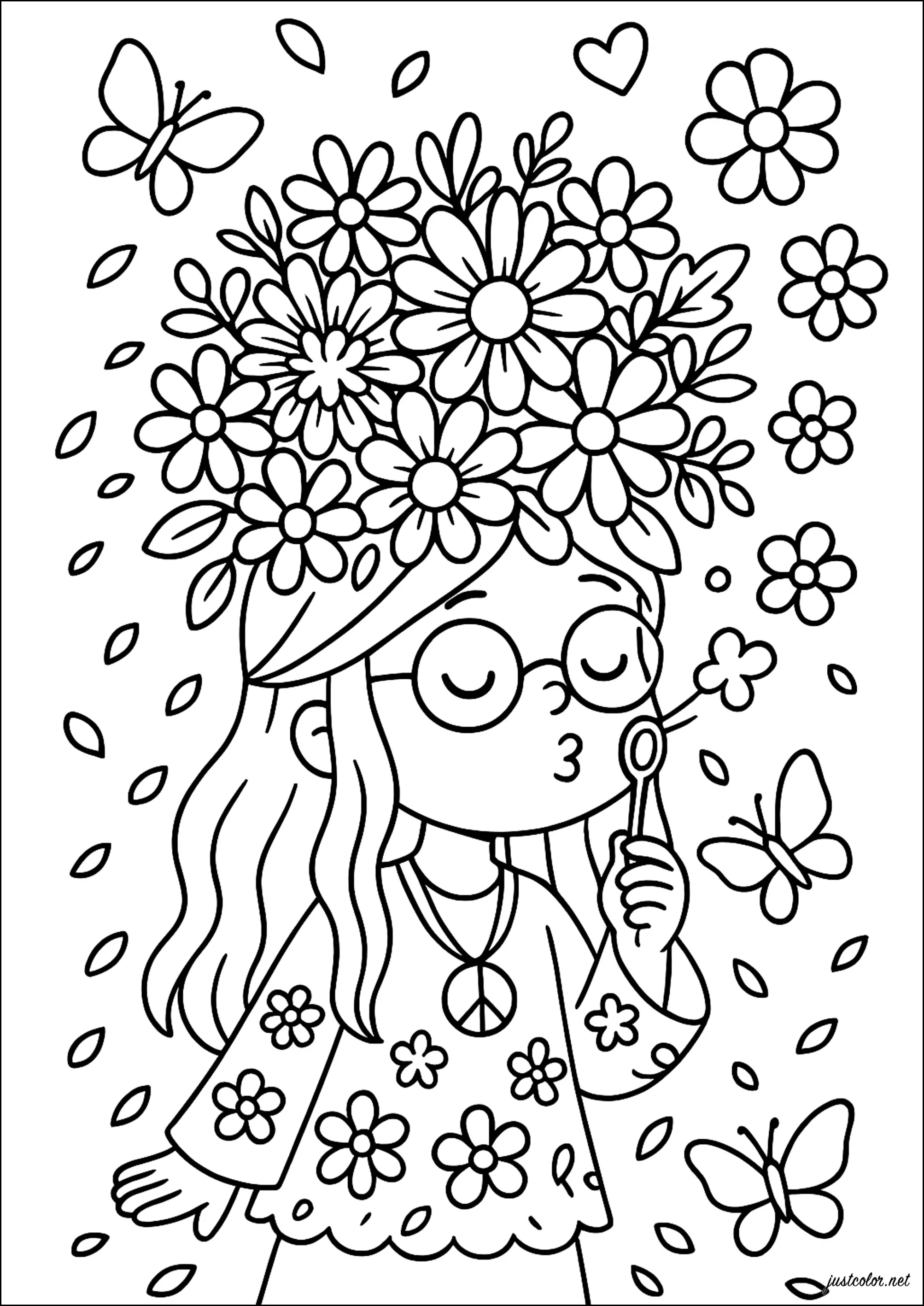 Rêverie florale et papillons volants (Coloriage d'Hippie à imprimer pour enfants)