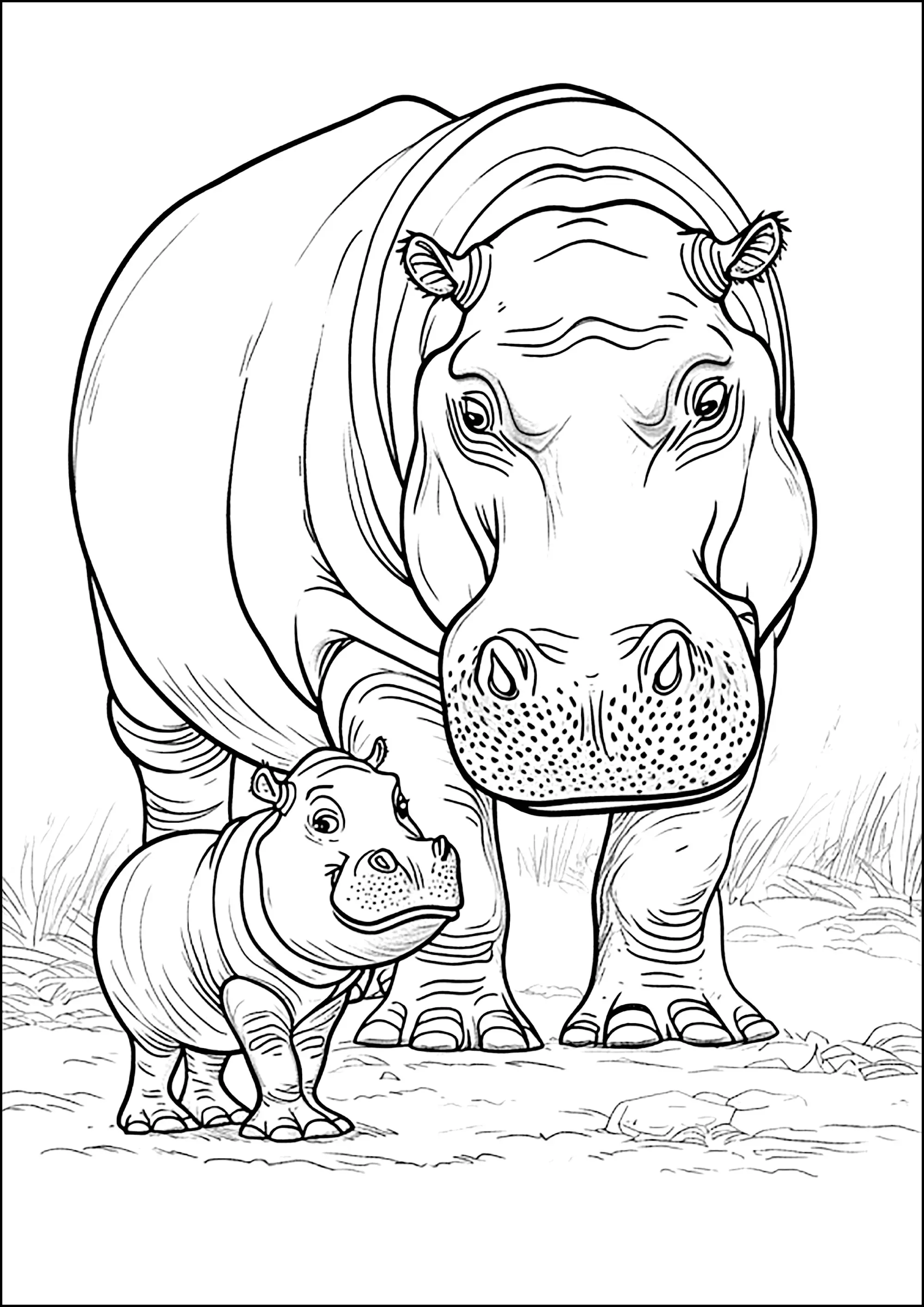 Maman Hippopotame veille sur son son petit (Coloriage à imprimer pour enfants)