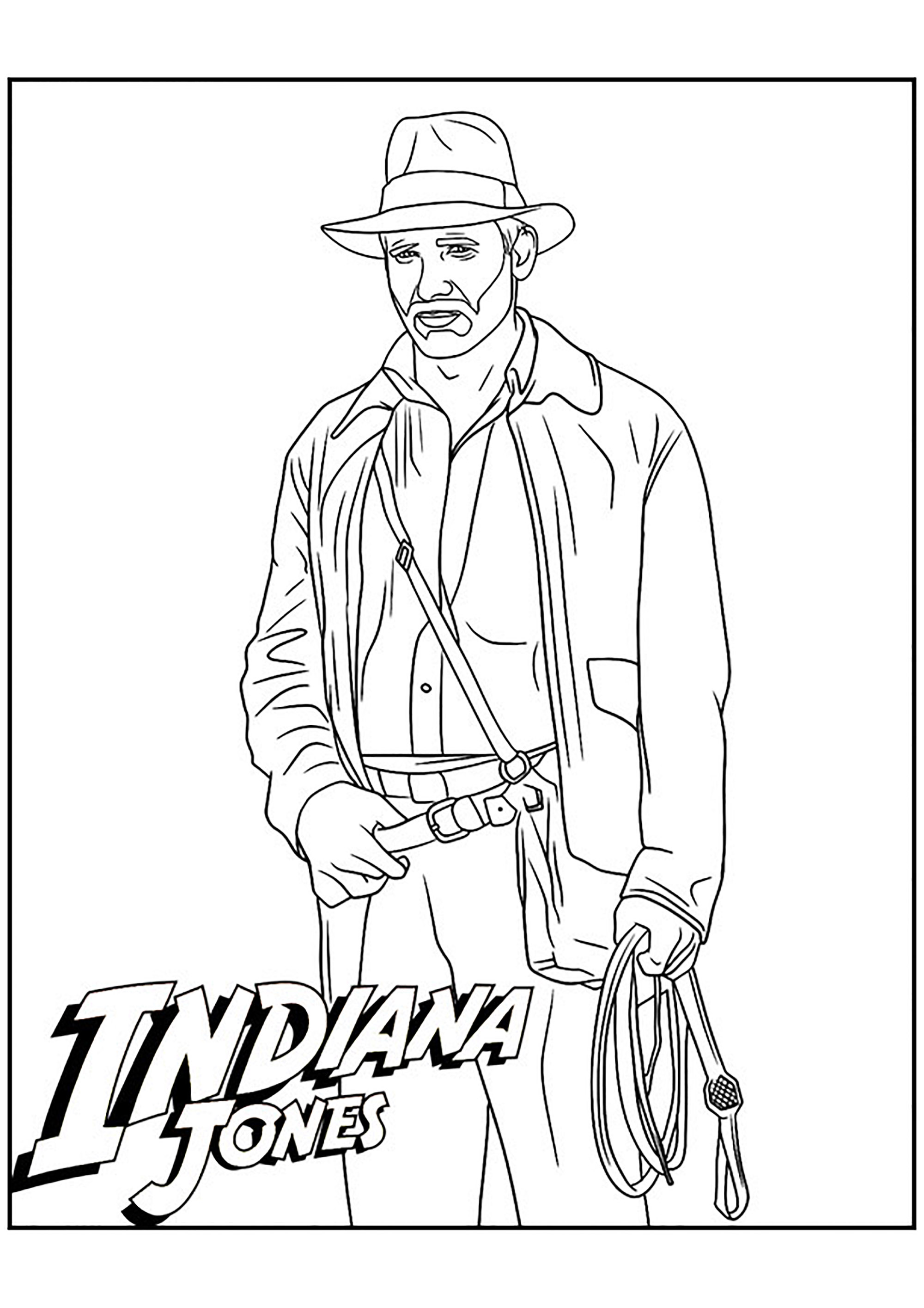 Coloriage simple d'Indiana Jones, avec son lasso et sa tenue légendaire ...