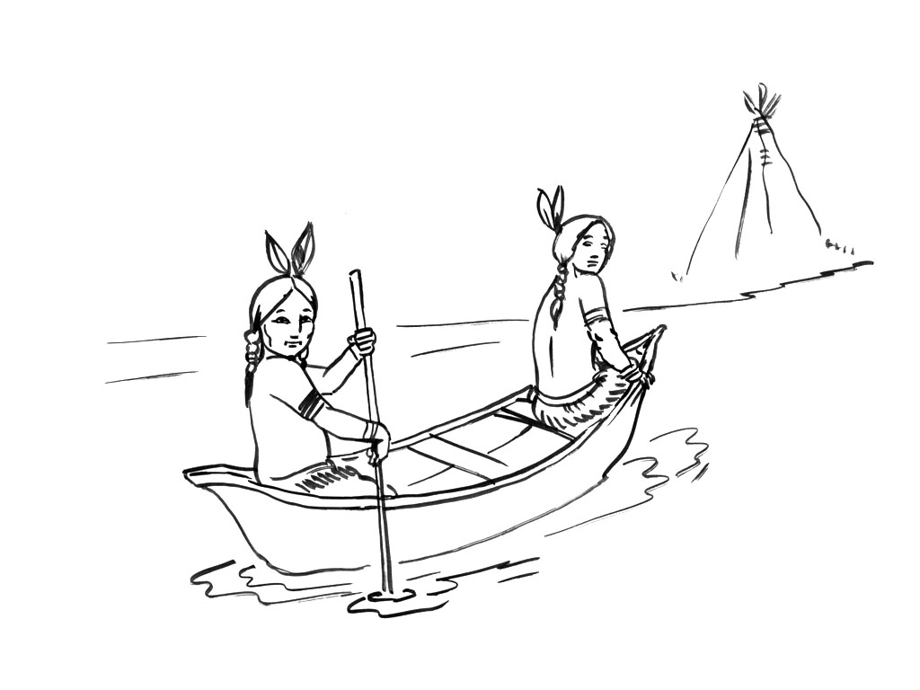Indiennes dans un bateau - Coloriages d'indiens faciles à imprimer pour