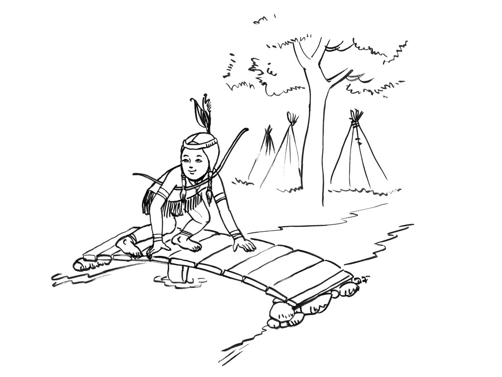 Petite indienne sur un pont - Coloriages d'indiens à imprimer pour enfants