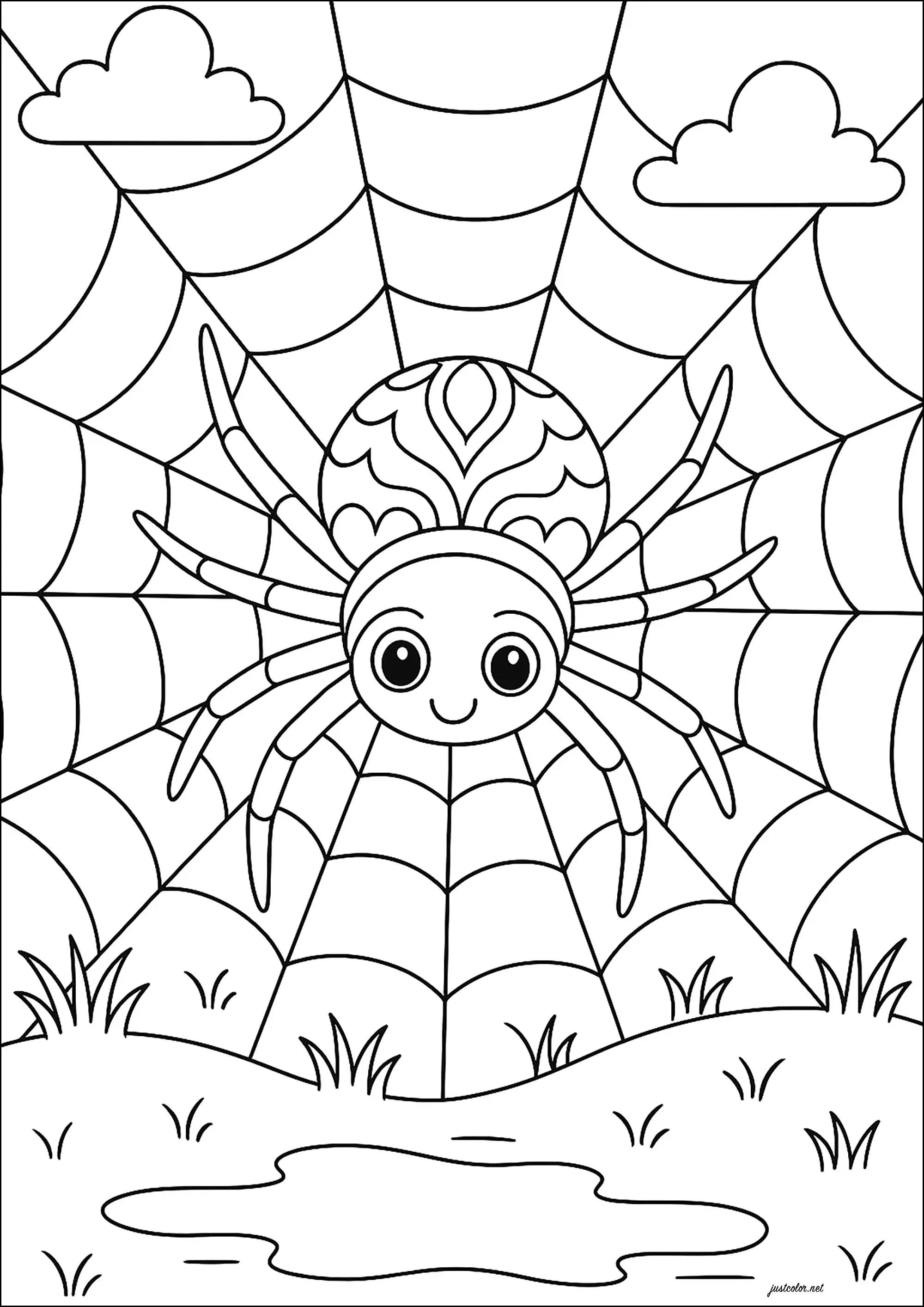 Areignée souriante dans sa toile (Coloriage d'Insectes (Fourmis, Araignées, Abeilles …) à imprimer pour enfants)