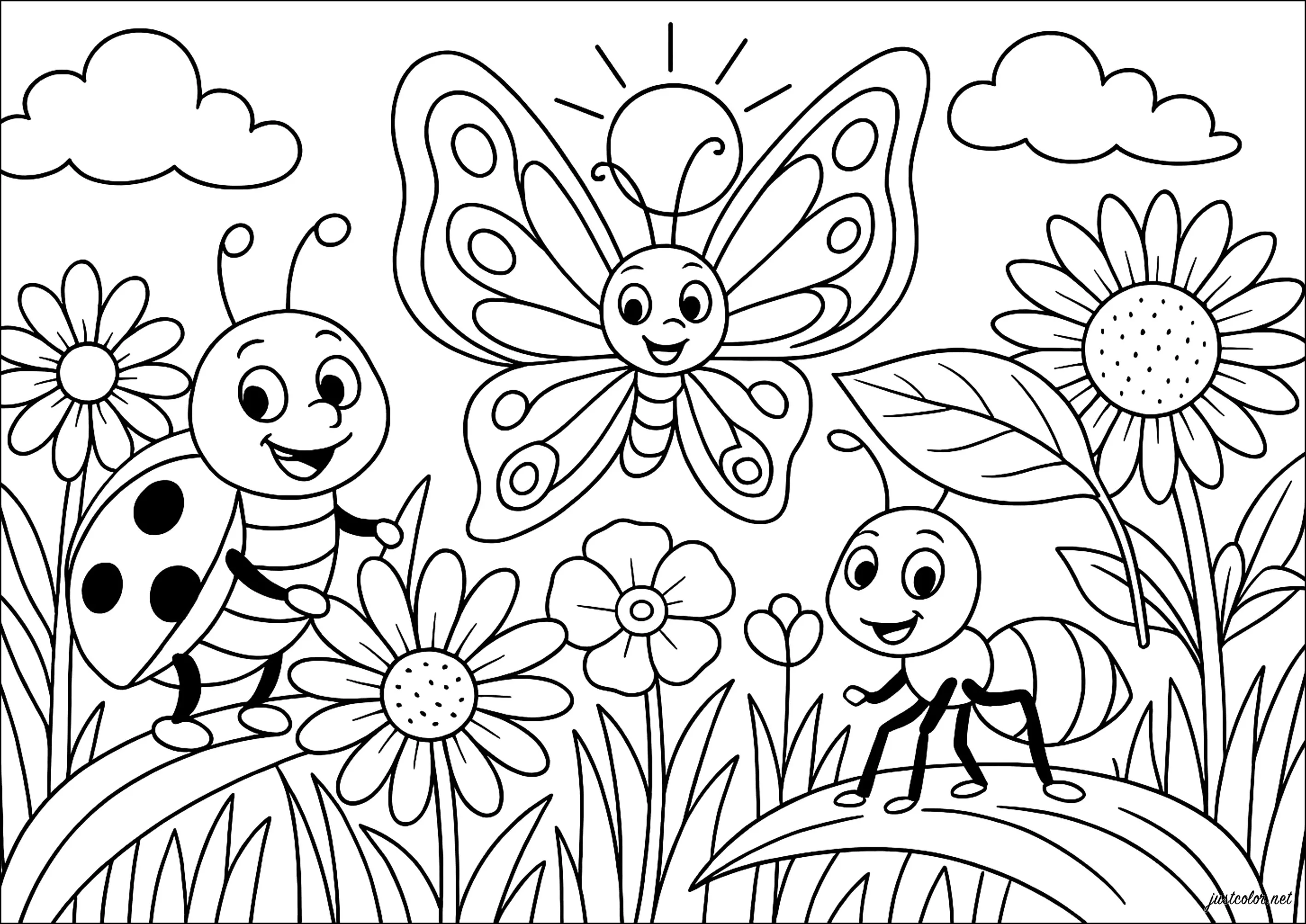 Coccinelle, fourmi et papillon (Coloriage d'Insectes (Fourmis, Araignées, Abeilles …) à imprimer pour enfants)