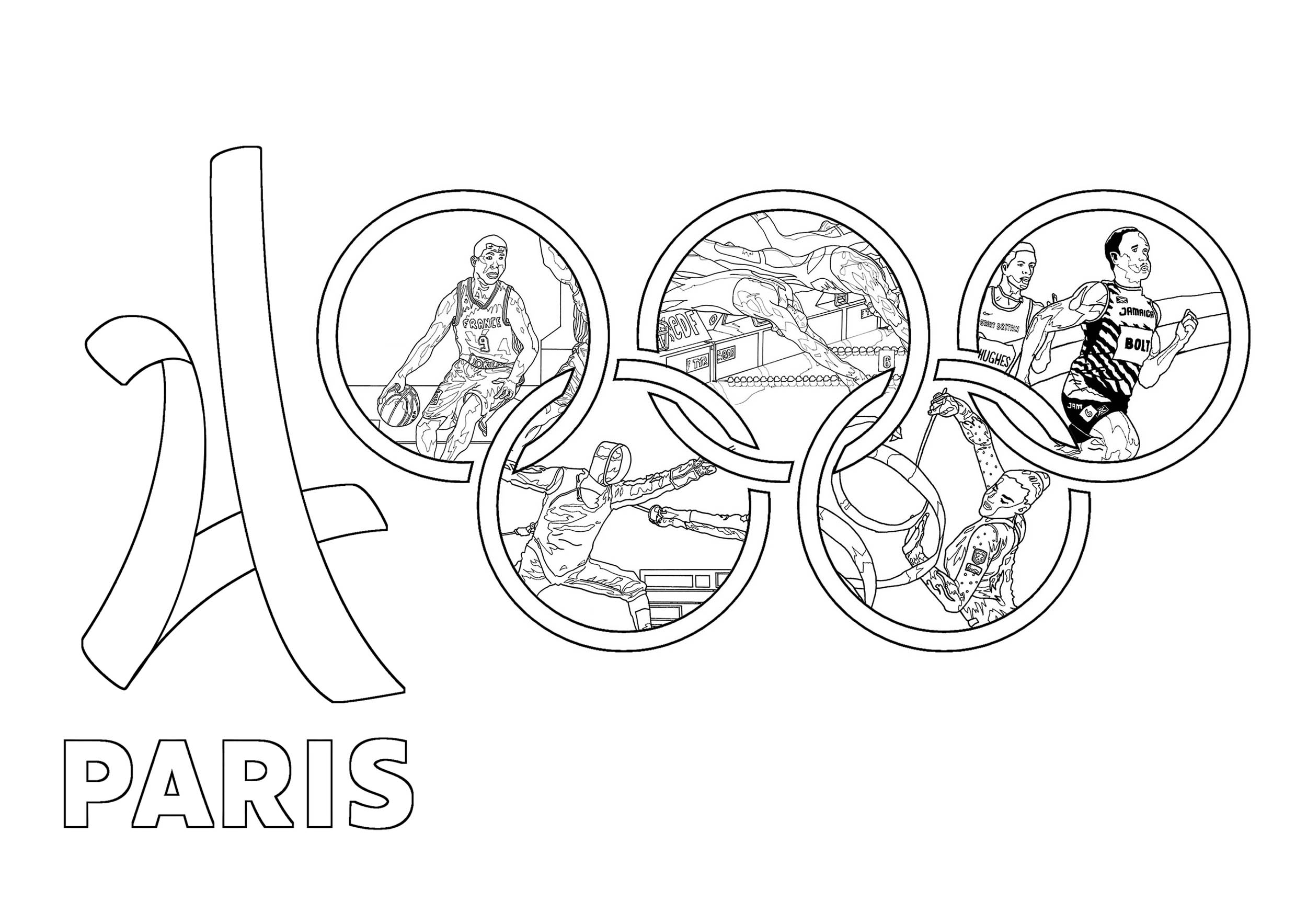 Coloriage réalisé pour les Jeux Olympiques d'été de 2014 à Paris : Logo officiel et divers sports intégrés dans les Anneaux olympiques