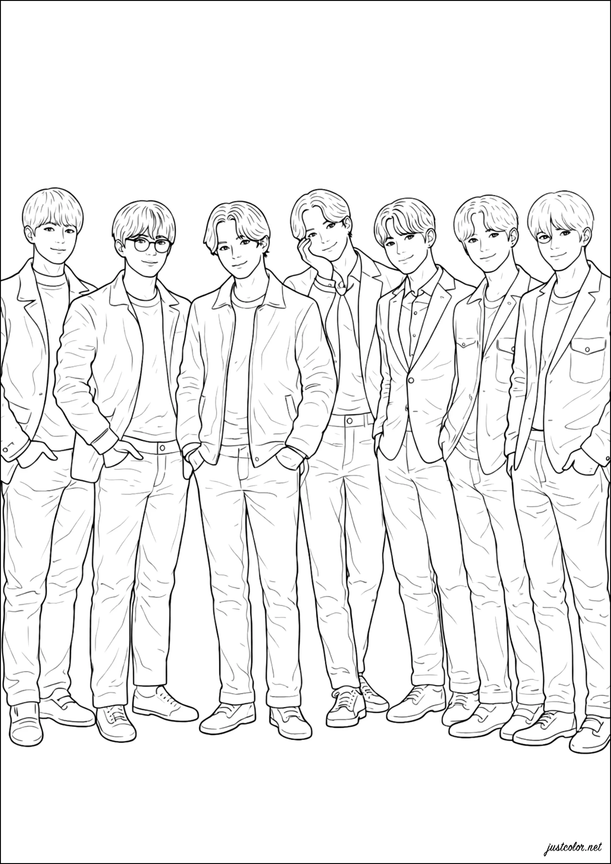 Les chanteurs de BTS debout et bien habillés (Coloriage de K-pop à imprimer pour enfants)