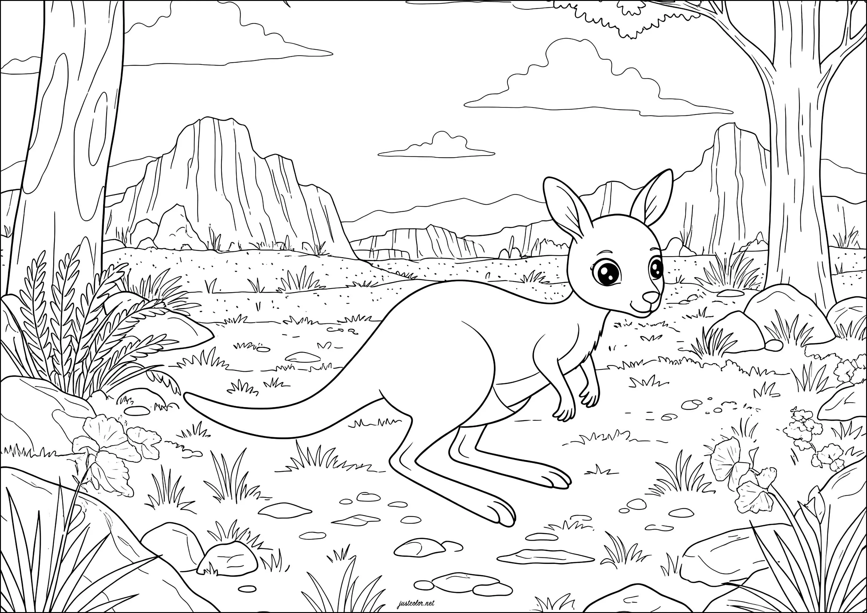Kangourou dans le désert australien (Coloriage à imprimer pour enfants)