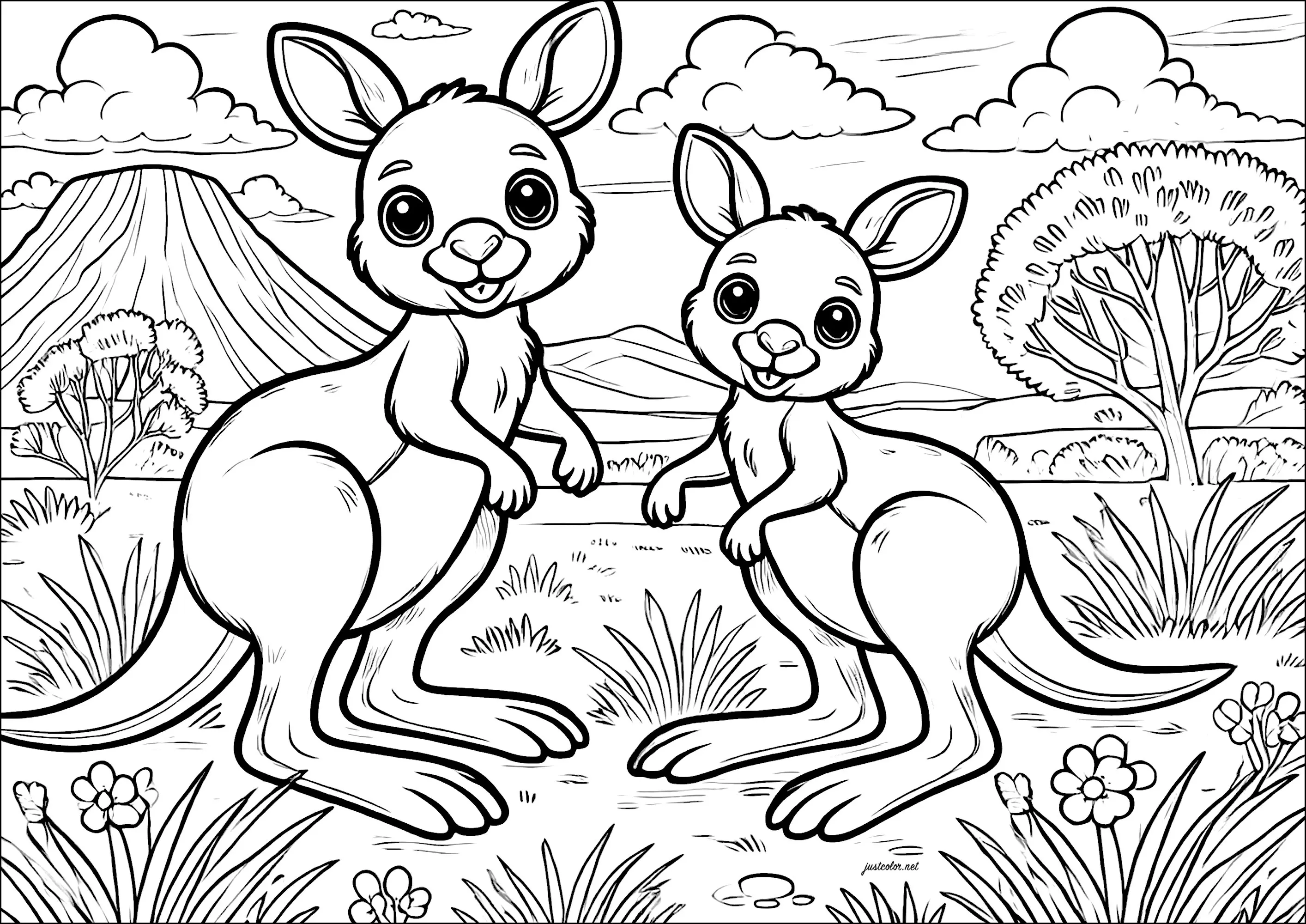 Deux kangourous en Australie (Coloriage à imprimer pour enfants)