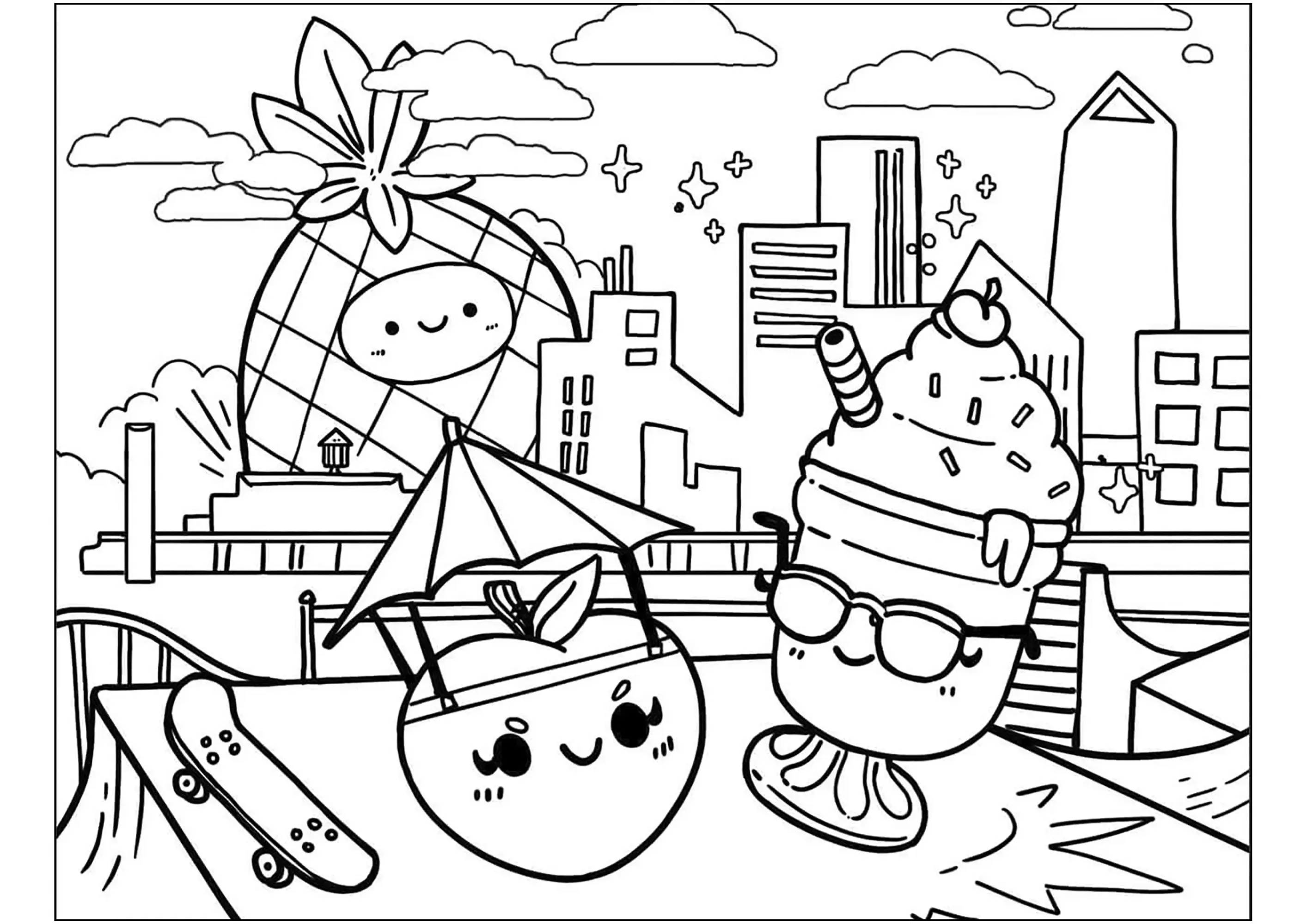 Petite pomme et crême glacée, en vacances (Coloriage de Kawaii à imprimer pour enfants)