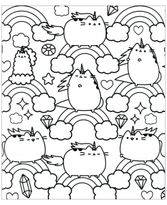 Pusheen le chat aime les Arcs-en-ciel ! (Coloriage de Kawaii)