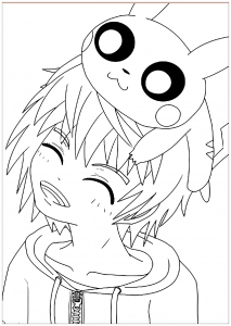 Coloriage kawaii pikachu et heureux garcon