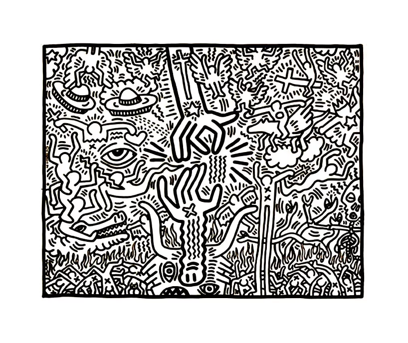 Un personnage typique de l'artiste, sur un skate board (Coloriage de Keith Haring à imprimer pour enfants)