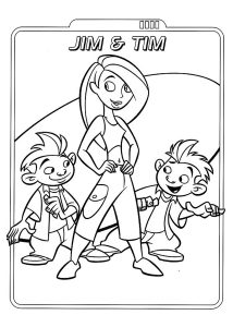 Coloriage de Kim Possible à imprimer pour enfants : Kim avec Jim et Tim